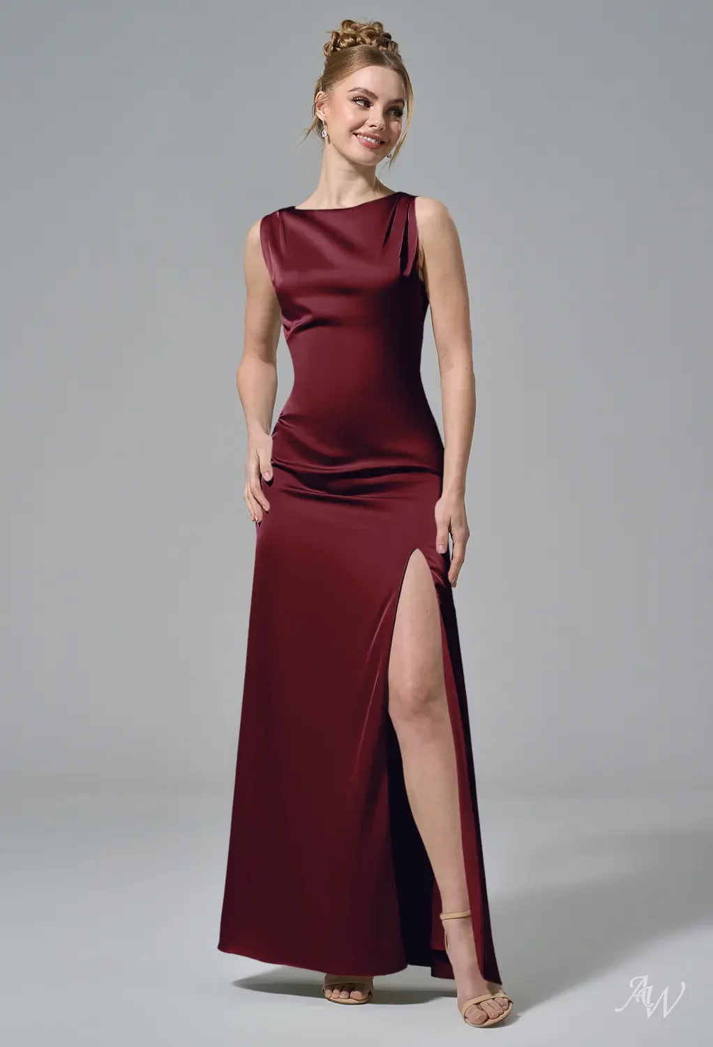 claret bridesmaid dresses AW.Bridal Column Bateau Neckline Floor Length Sleeveless Satin Long Dress Deep Size 16 burgundy bridesmaid dresses