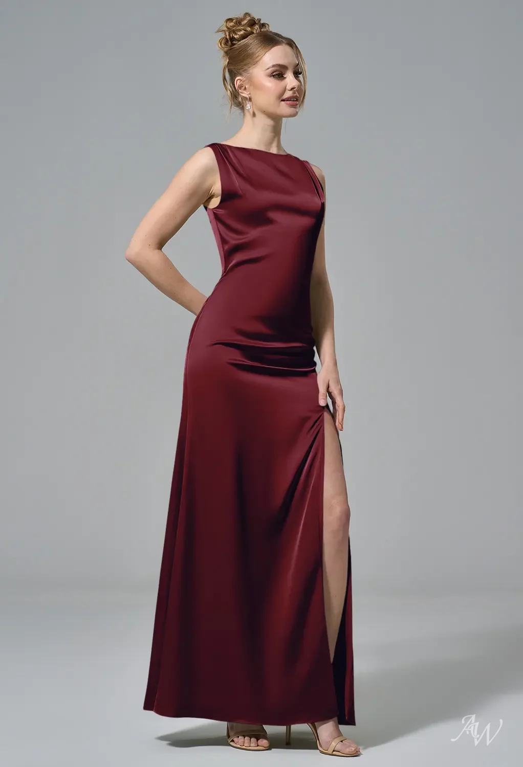 AW.Bridal Column Bateau Neckline Floor Length Sleeveless Satin Long Bridesmaid Dresses Dress Deep Claret Size 16
