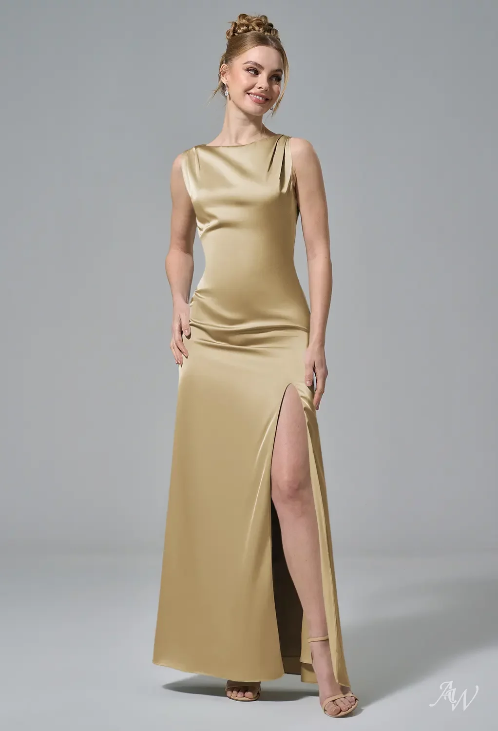 light gold bridesmaid dresses AW.Bridal Column Bateau Neckline Floor Length Sleeveless Satin Long Dress Size 4 Perfect for formal galas pair:ruelle-textured-statement-drop-earrings-gold Juniper Navy Lace Illusion Size:2XL (US 12 / UK 16)
