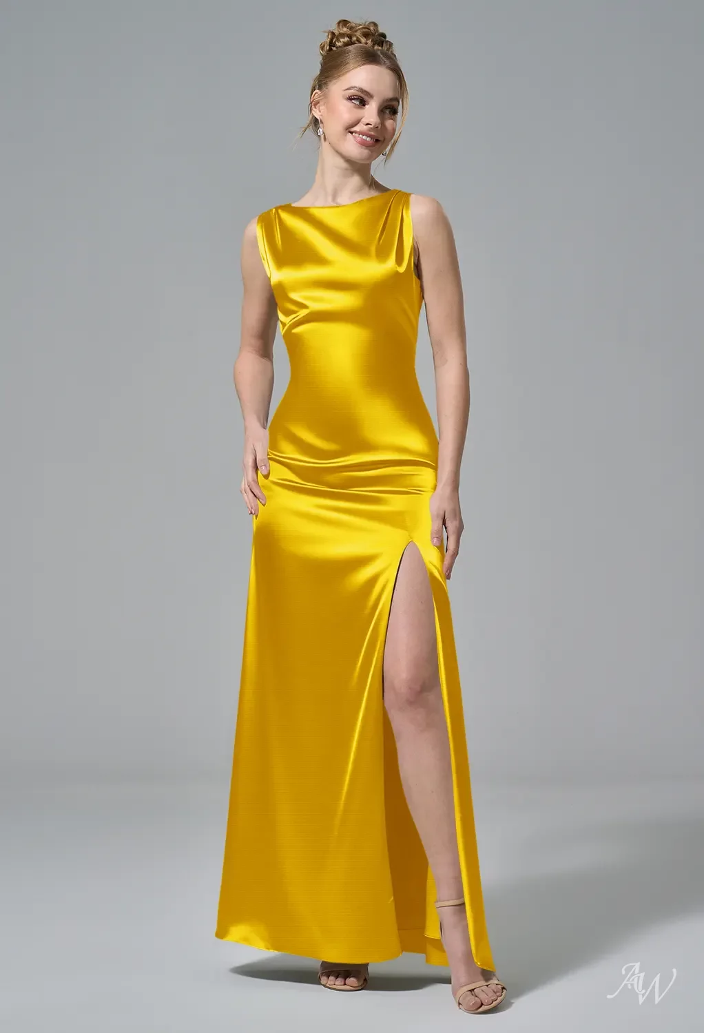 AW.Bridal Bridesmaid Dresses Stretch Satin Column Bateau Neckline Floor Length Sleeveless Dress Mango Size 8