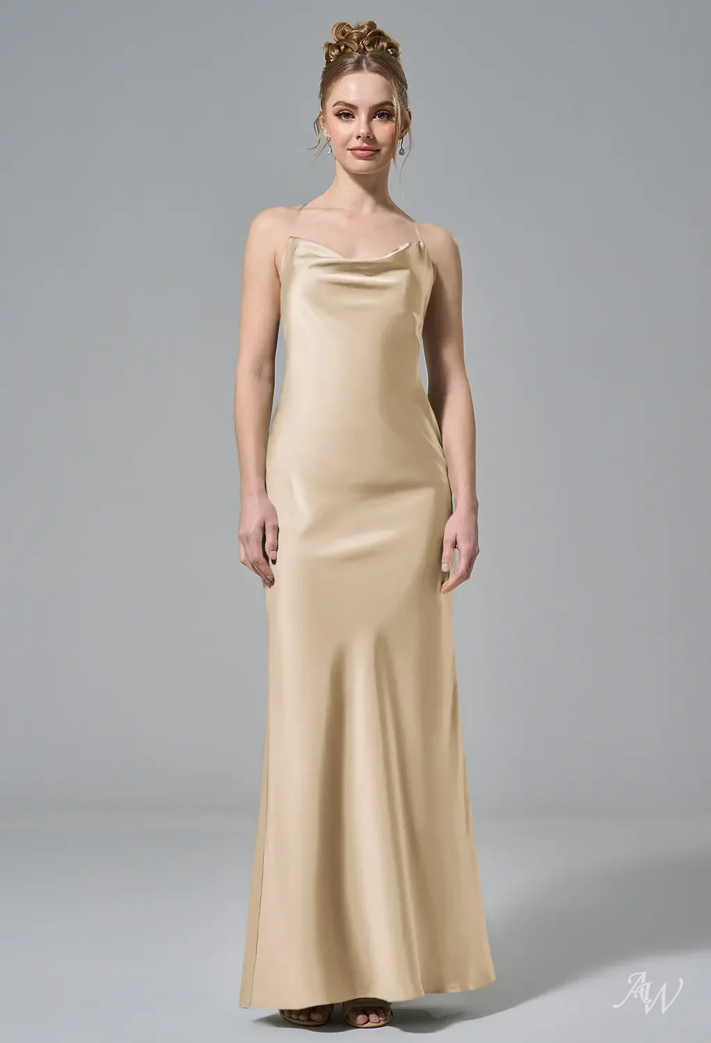 cowl neck champagne satin bridesmaid dresses Champagne Multiway Prom Dresses Cowl Neck Straps Cross Zip Back Floor Length Stretch Satin Prom Dress