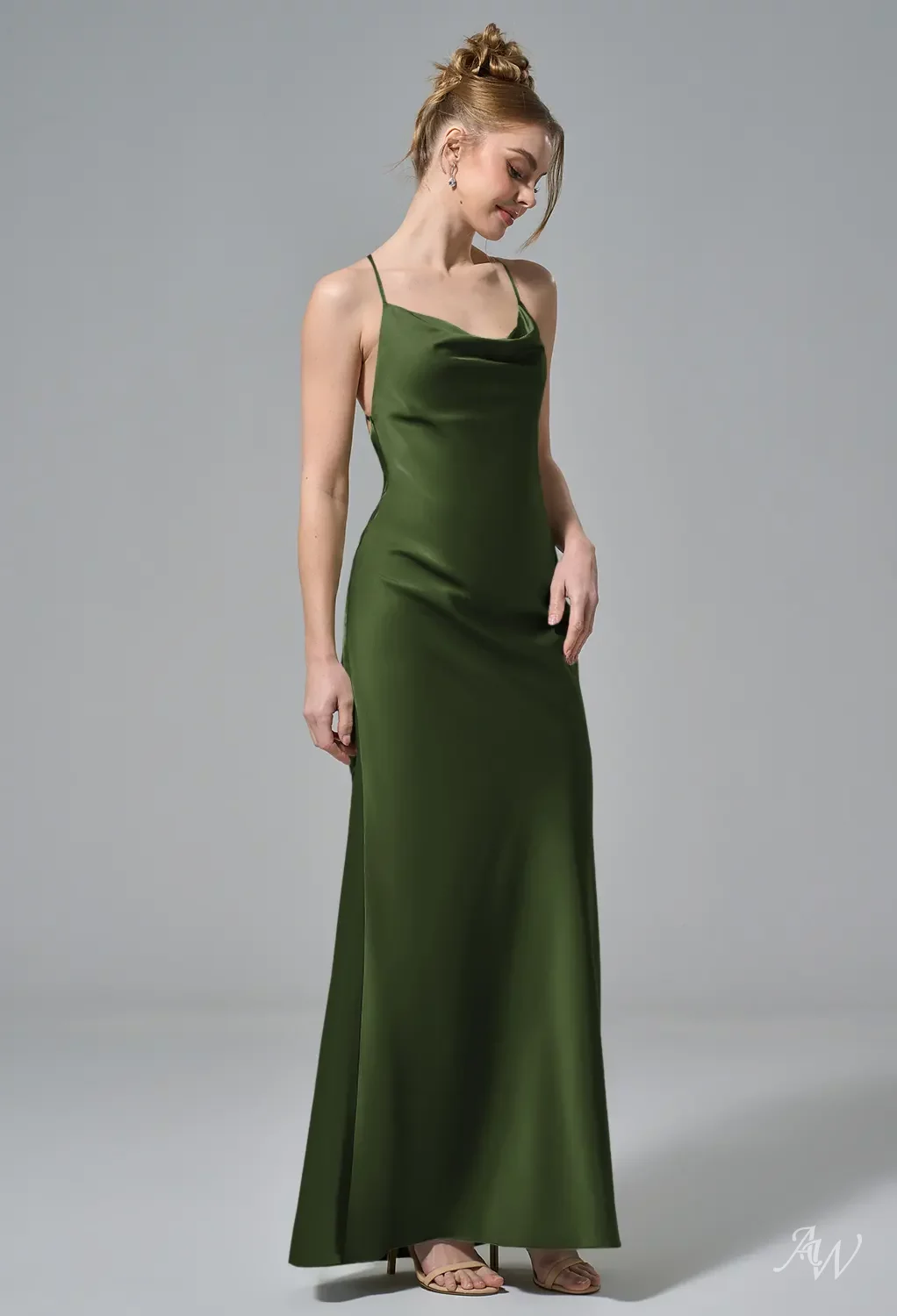 charmeuse cowl bridesmaid dress AW.Bridal Column Cowl Neckline Floor Length Sleeveless Spaghetti Straps Satin Backless Long Bridesmaid Dresses Dress Green Olive Size 8