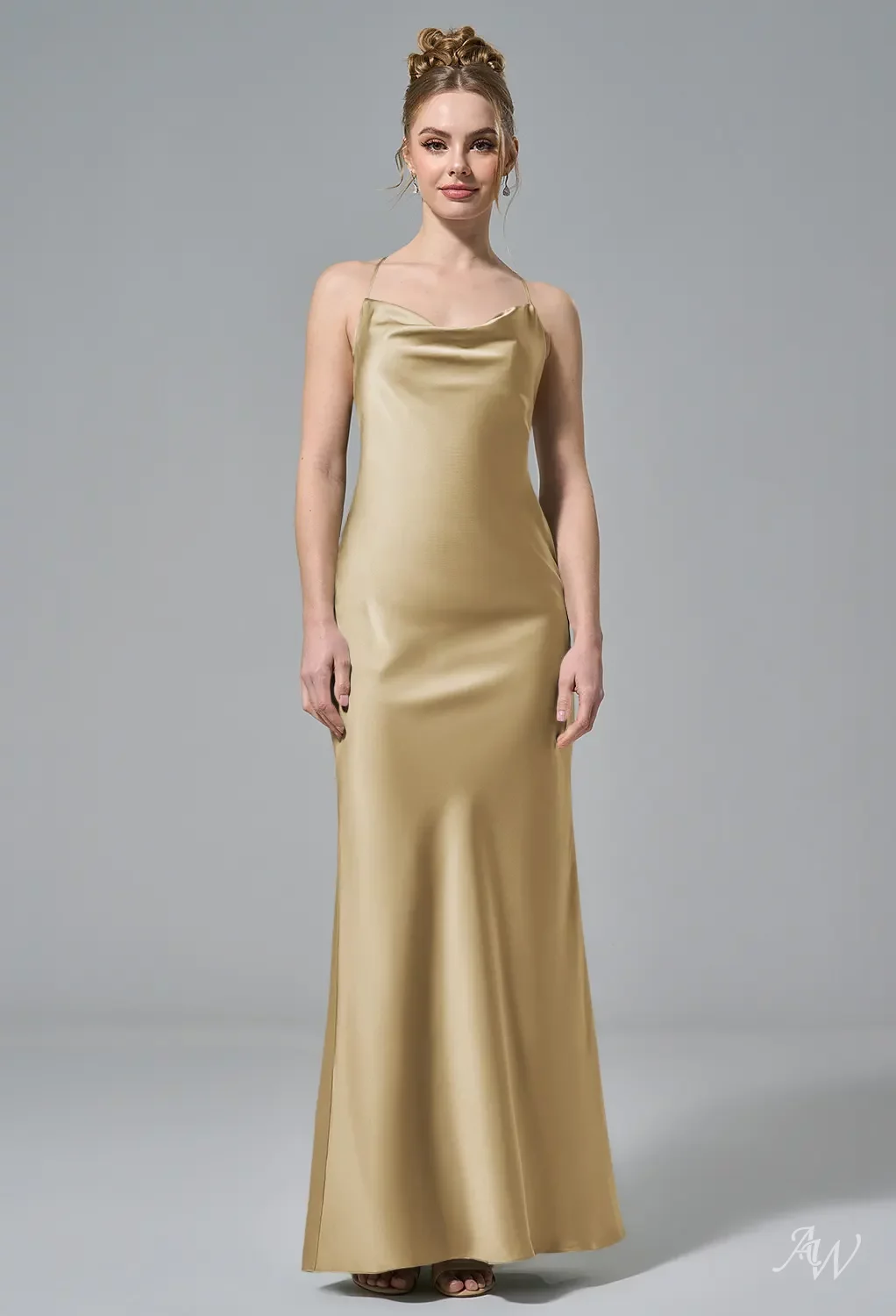AW.Bridal Column Cowl Neckline Floor Length Sleeveless Spaghetti Straps Satin Backless Long Bridesmaid Dresses Dress Light Gold Size 16