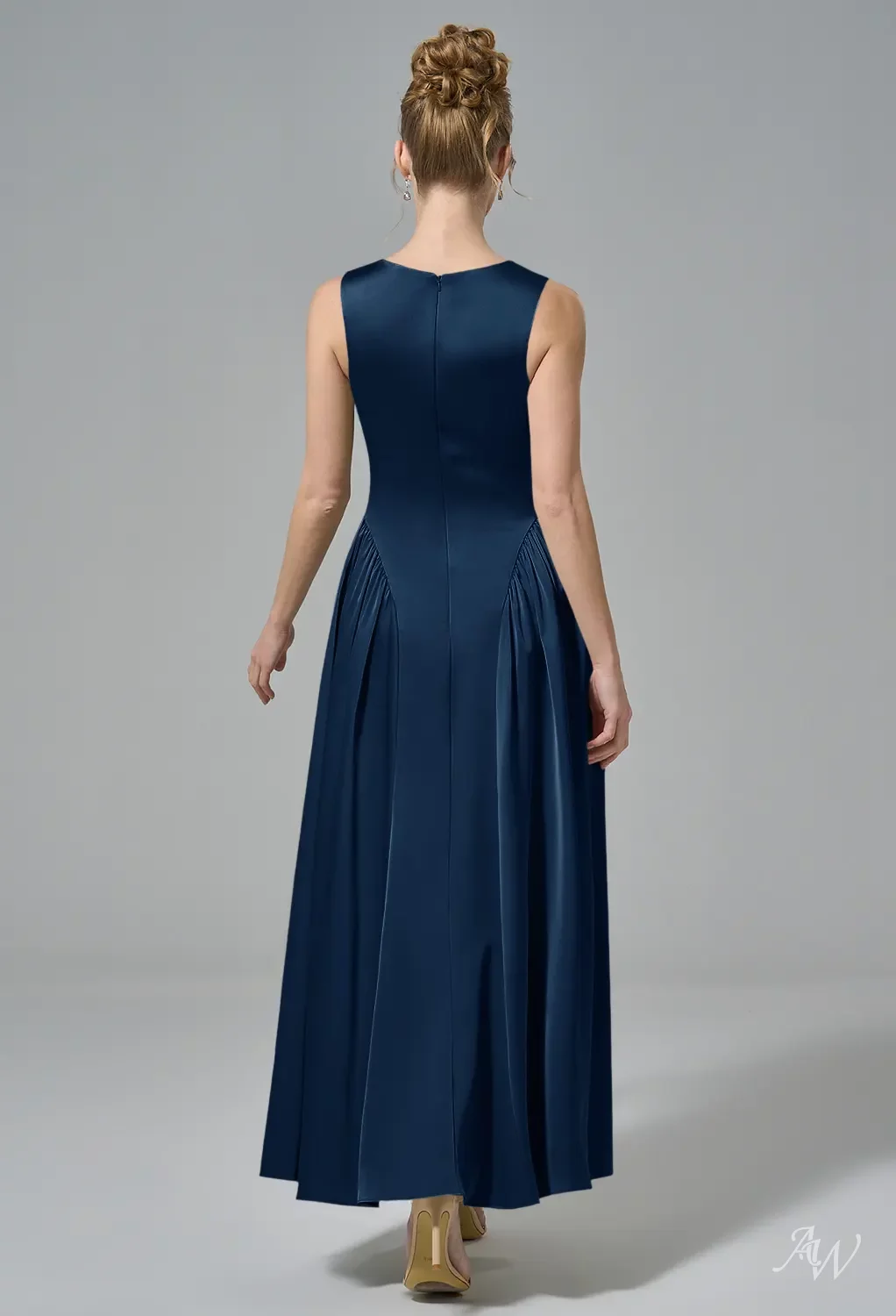 AW.Bridal A-line Scoop/U-Neck Tea Length Sleeveless Satin Drop Waist Wedding Guest Dresses Dress Navy Size 18