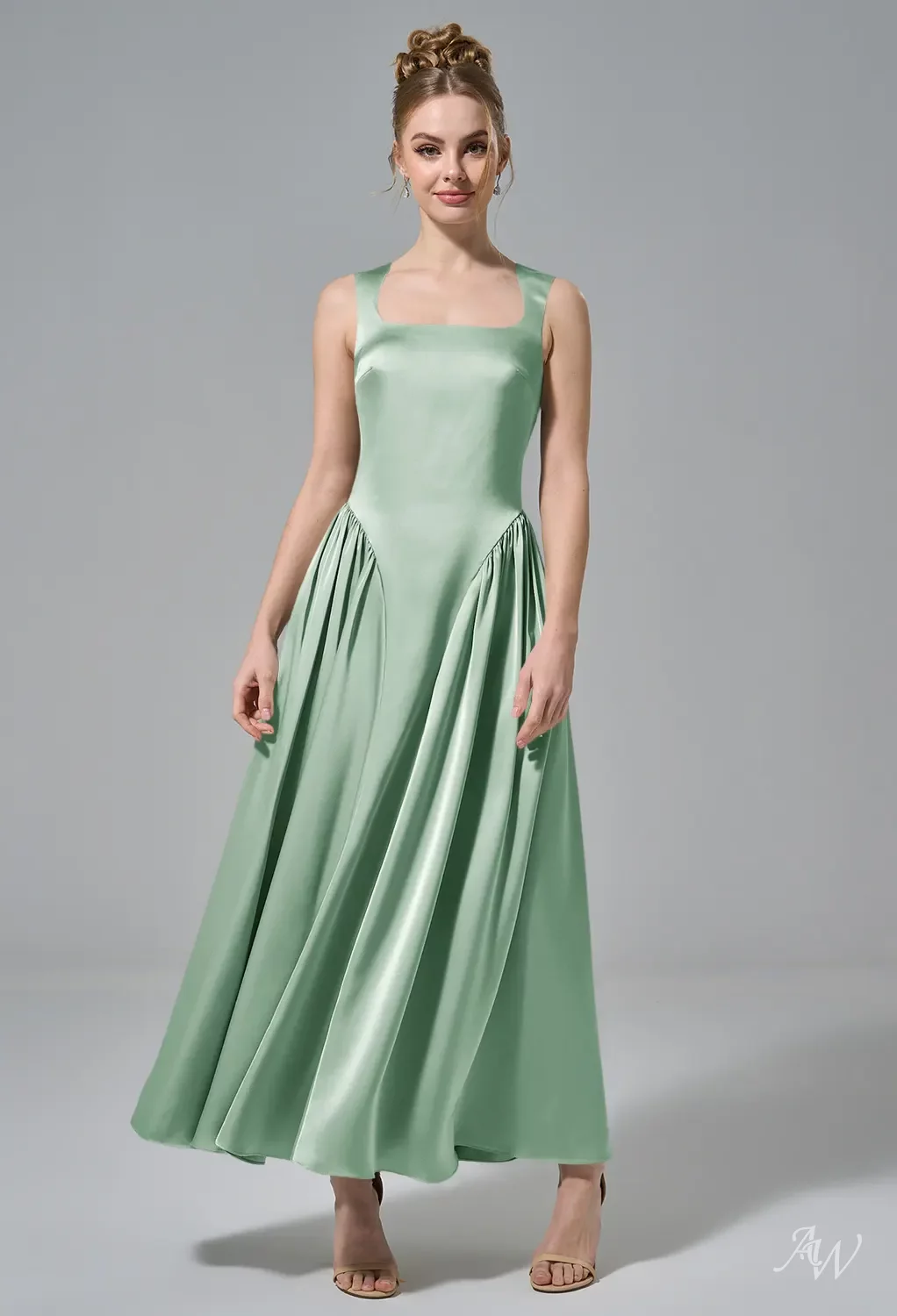 ruby satin charmeuse dress AW.Bridal A-line Scoop/U-Neck Tea Length Sleeveless Satin Drop Waist Long Bridesmaid Dresses Dress Reed Size 4
