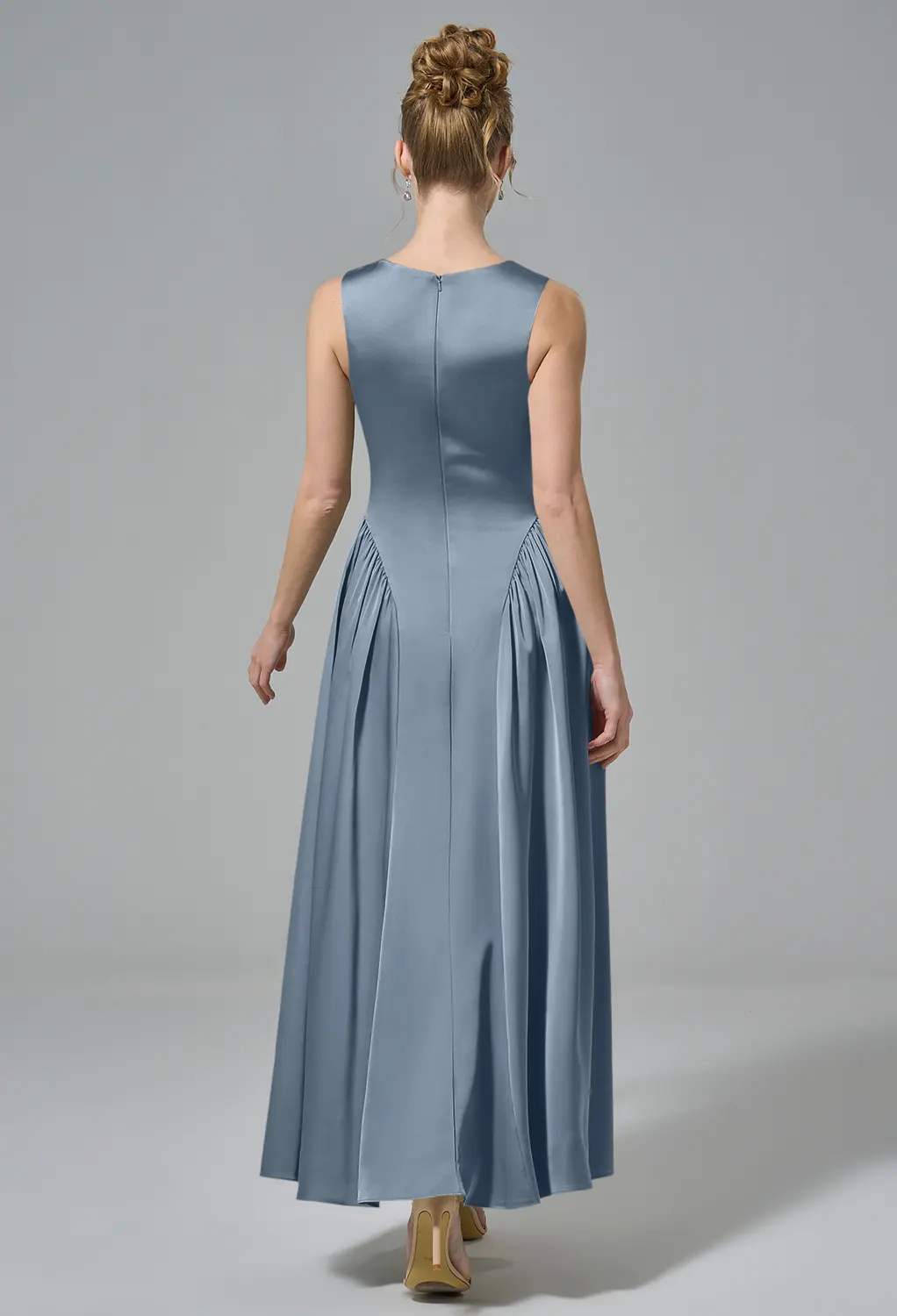 AW.Bridal A-line Scoop/U-Neck Tea Length Sleeveless Satin Drop Waist Wedding Guest Dresses Dress Slate Gray Size 6