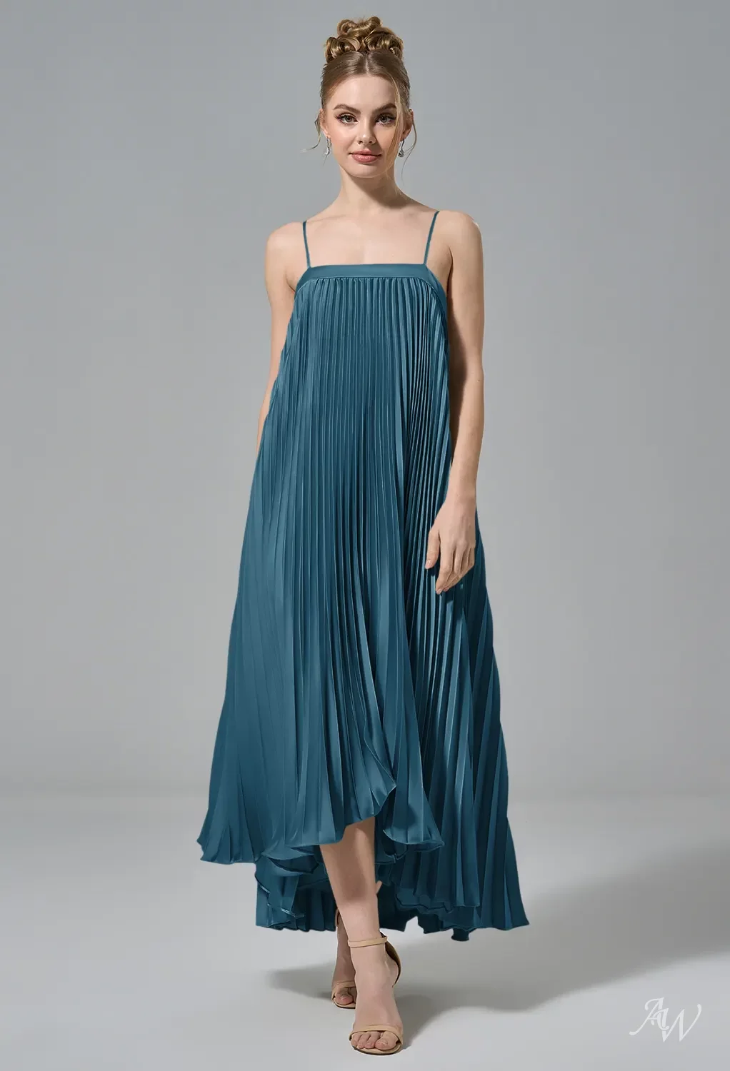 ink blue satin dress AW.Bridal Bridesmaid Dresses Crystal A-line Straight Neckline Tea Length Sleeveless Spaghetti Straps Pleat Dark Navy Size 18 Betsey Johnson M Dress exclude vacay Color:GREEN FLORALS Sleeveless design
