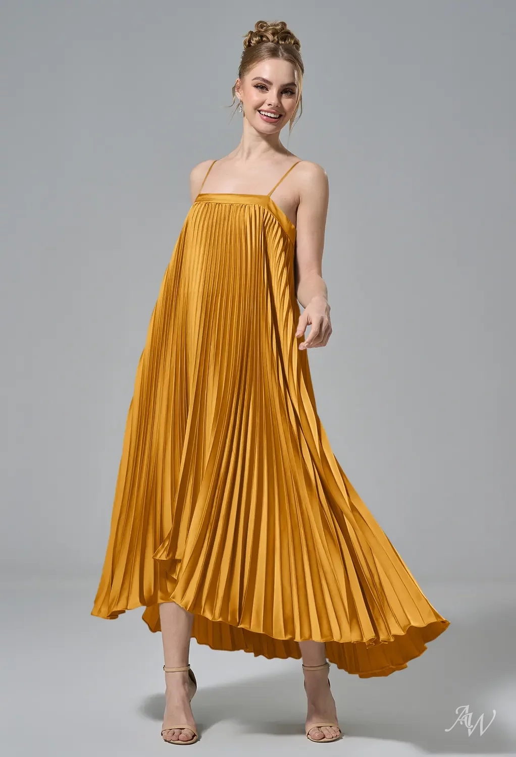 AW.Bridal A-Line Straight Neckline Tea Length Sleeveless Spaghetti Straps Satin Pleat Wedding Guest Dresses Dress Mango Size 8