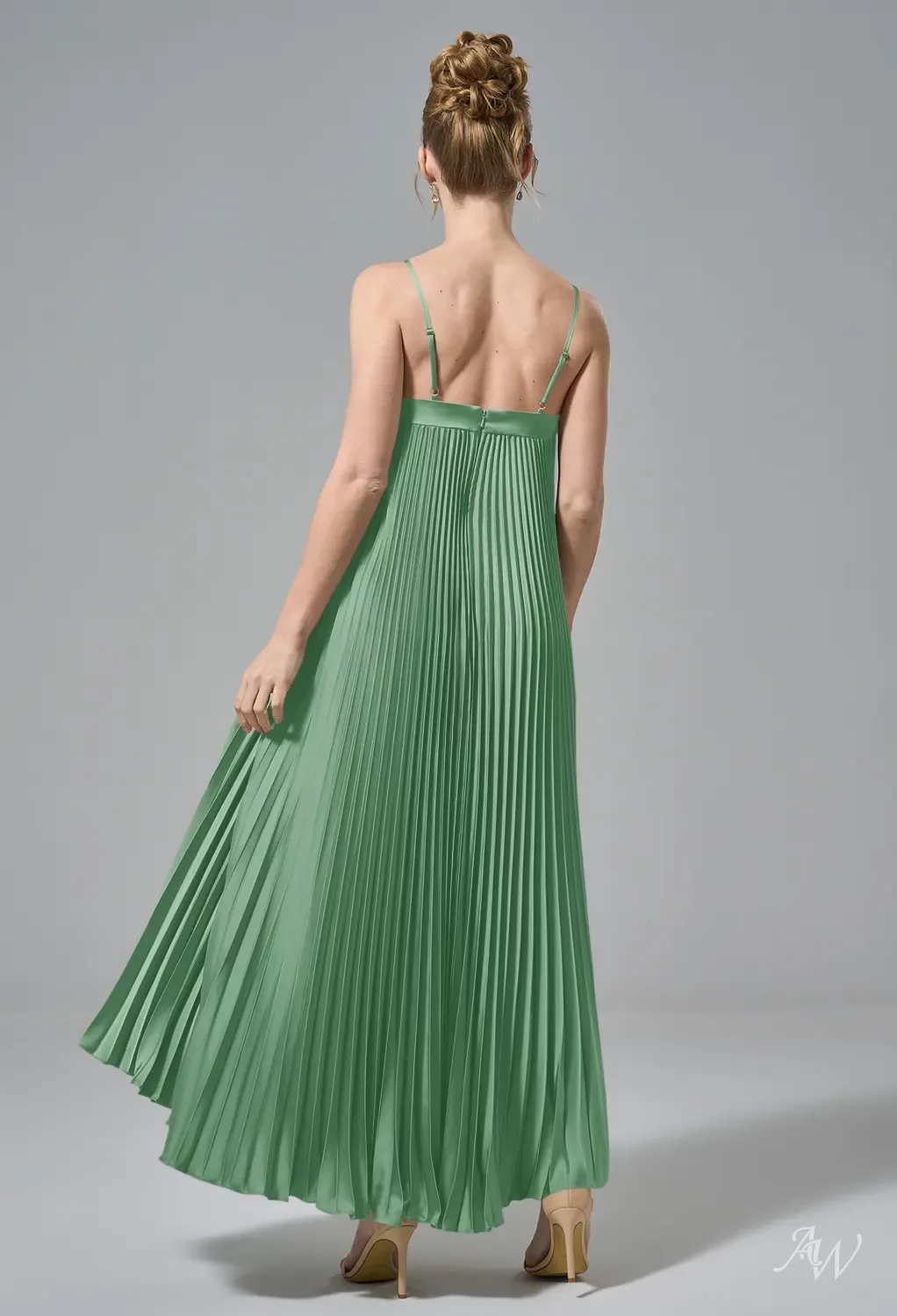 AW.Bridal A-line Straight Neckline Tea Length Sleeveless Spaghetti Straps Satin Pleat Wedding Guest Dresses Dress Mineral Green Size 8