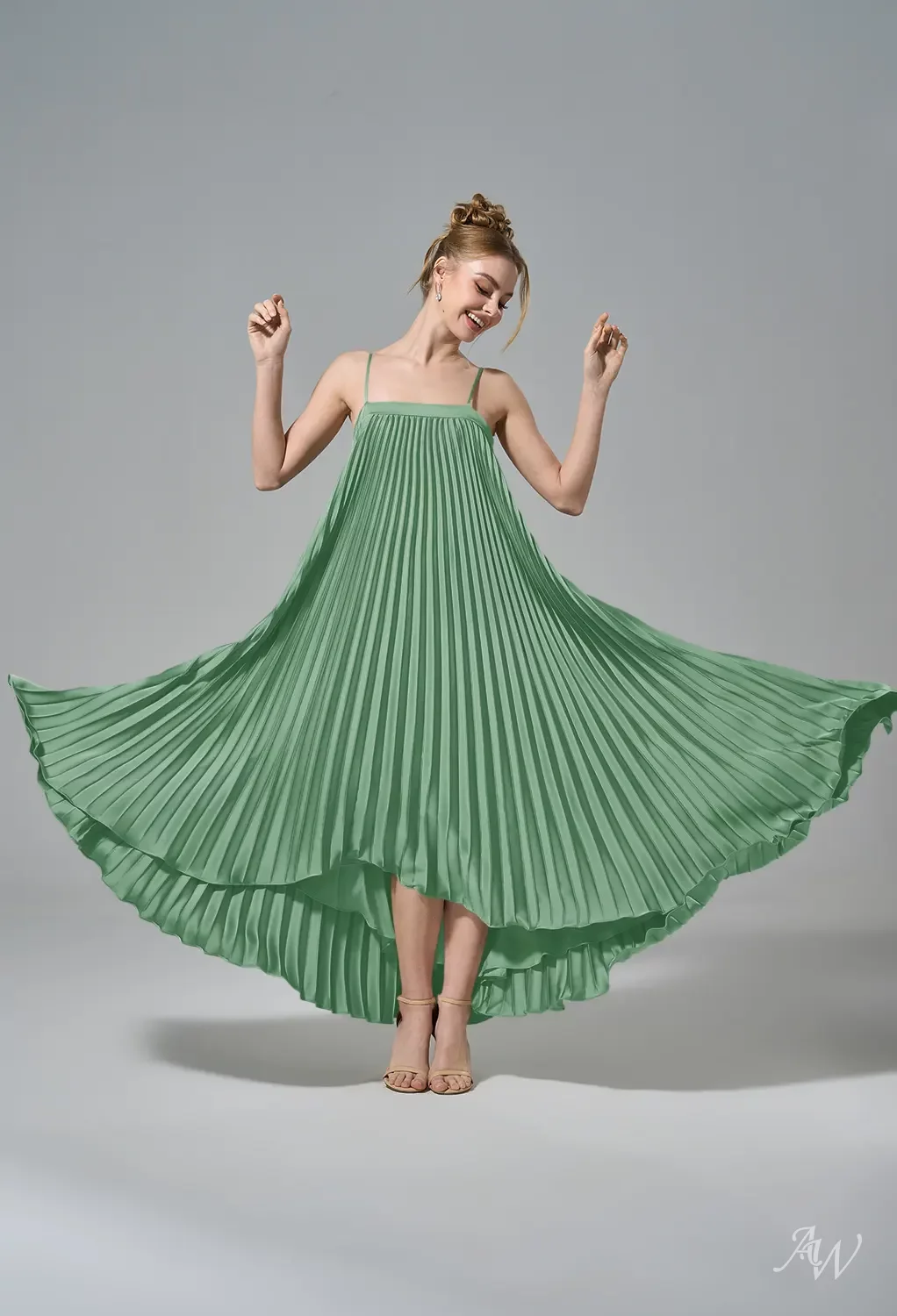 mineral green dress AW.Bridal A-line Straight Neckline Tea Length Sleeveless Spaghetti Straps Satin Pleat Wedding Guest Dresses Dress Mineral Green Size 18