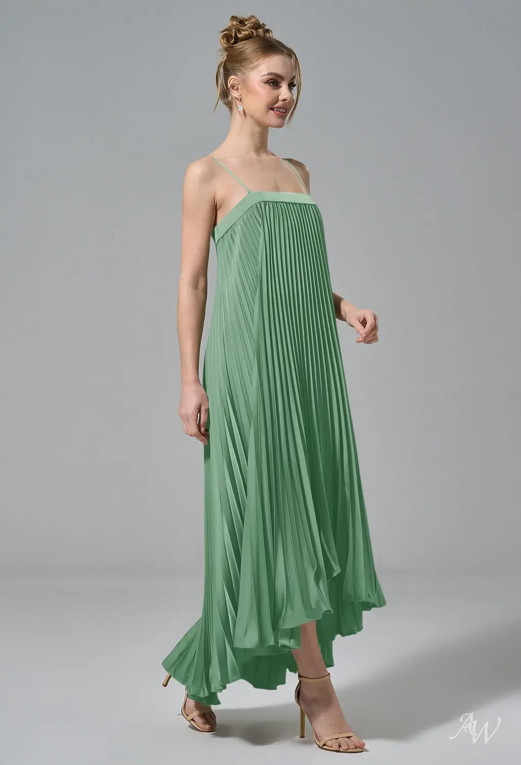 mineral green dress AW.Bridal A-line Straight Neckline Tea Length Sleeveless Spaghetti Straps Satin Pleat Wedding Guest Dresses Dress Mineral Green Size 18