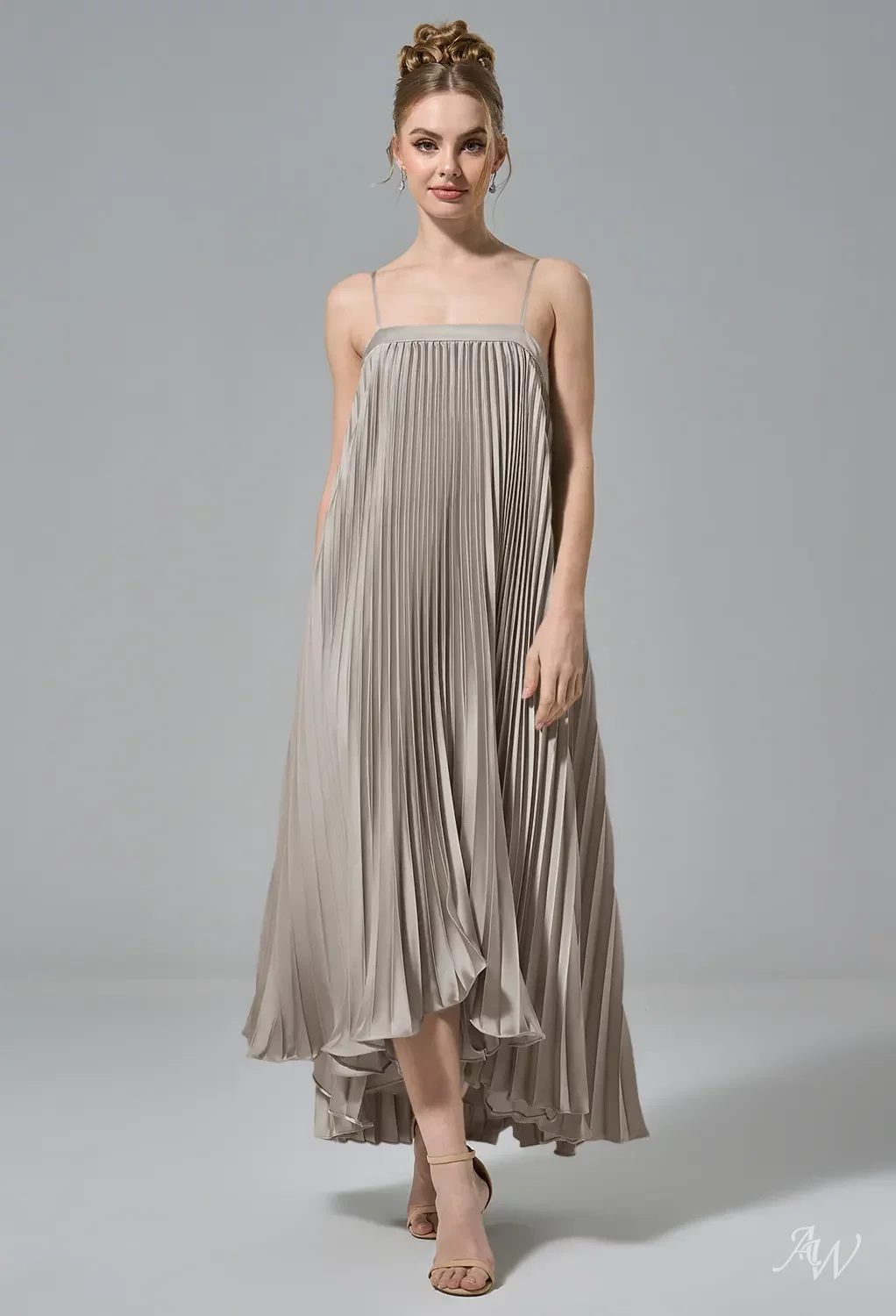 AW.Bridal A-line Straight Neckline Tea Length Sleeveless Spaghetti Straps Satin Pleat Wedding Guest Dresses Dress Mushroom Taupe Size 18