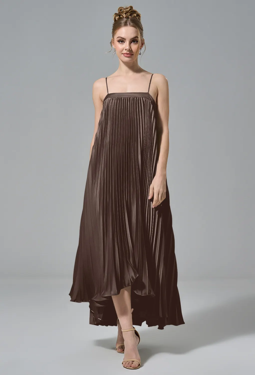 brown short wedding guest dress Asymmetrical Midi Wedding Guest Dress with Short Sleeves & Pleated Design main image 1
