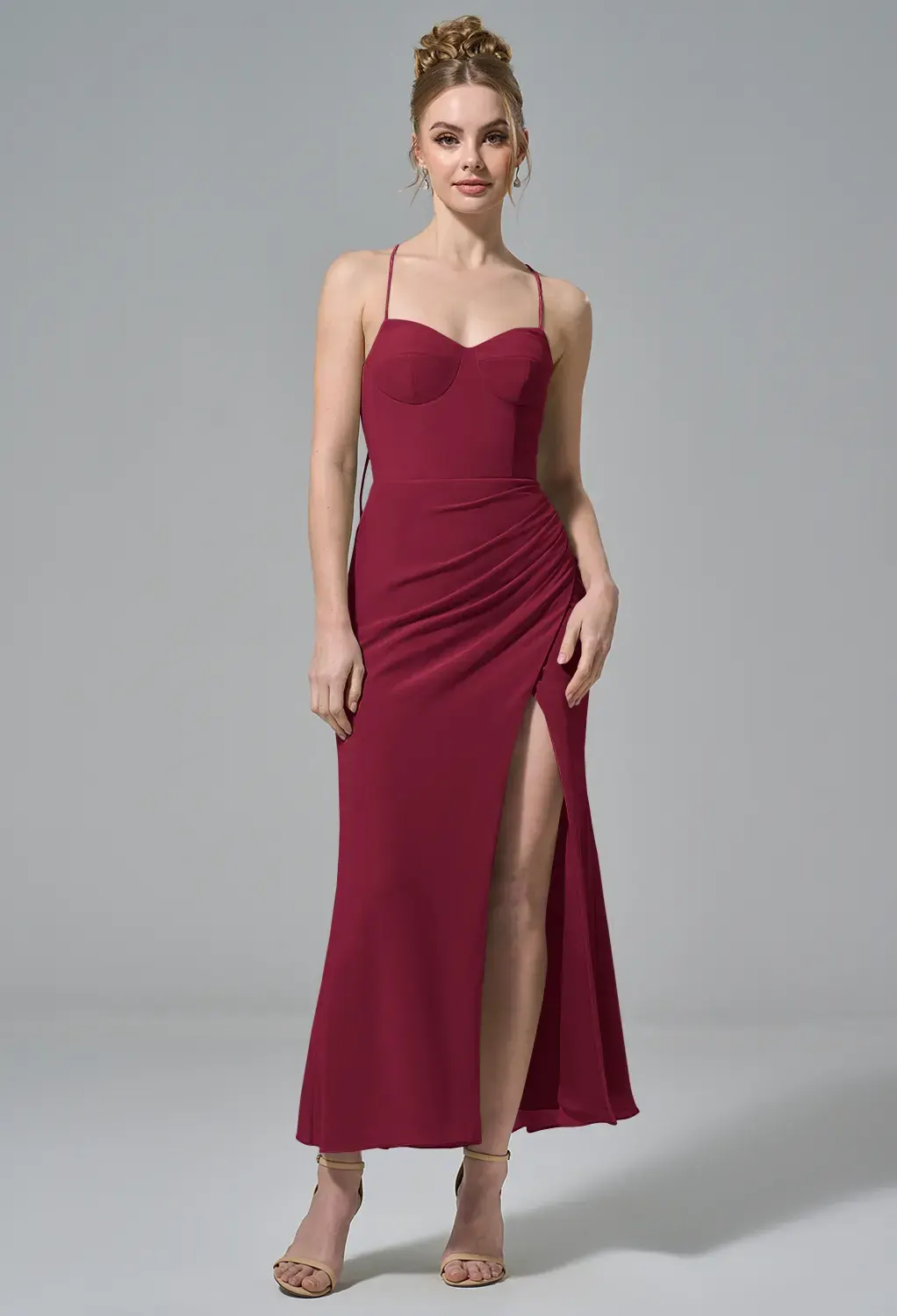 open lace back dress Long Sleeves Sweetheart Sheath Red Wedding Guest Dress with Split
