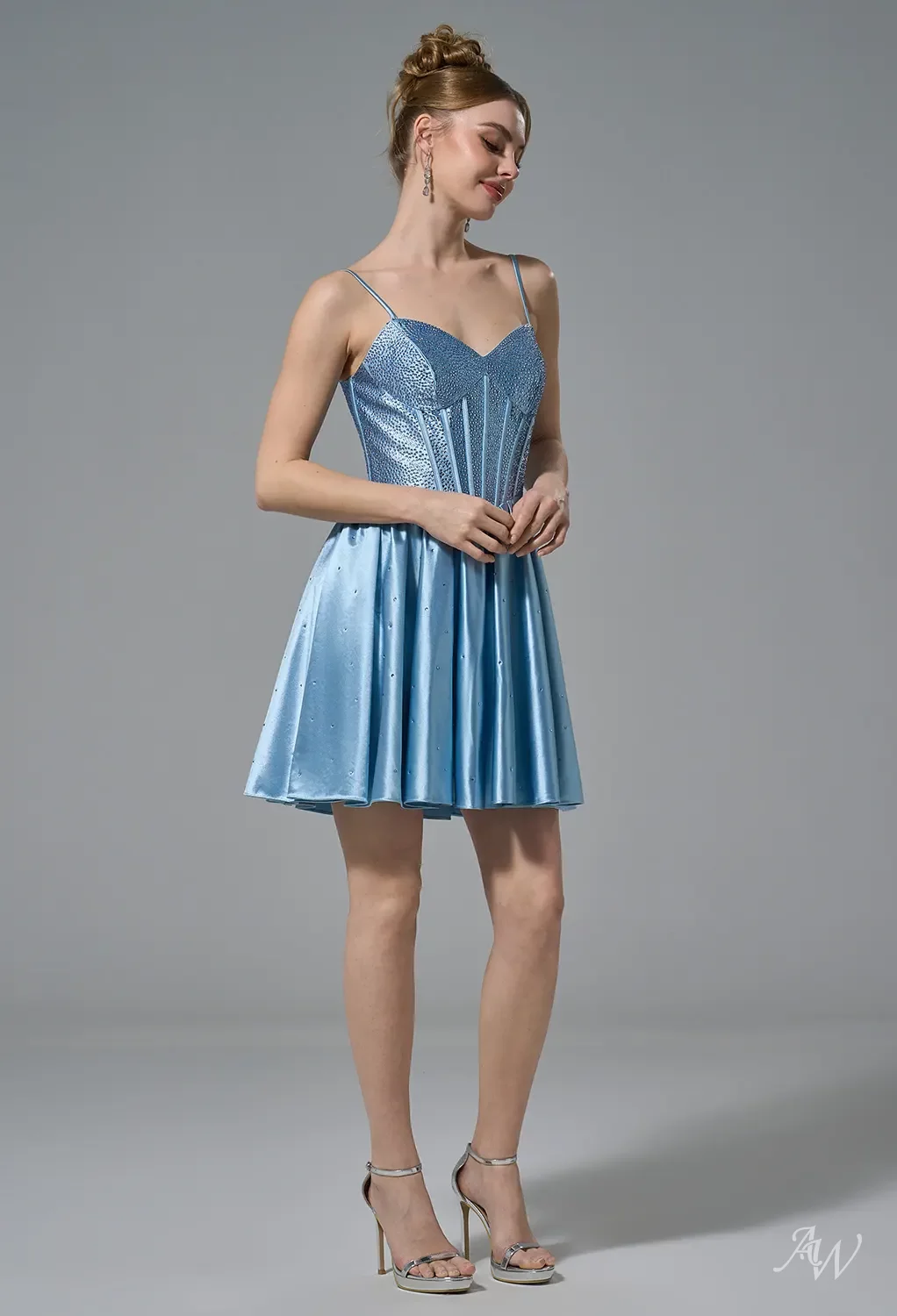 AW Lesley Dress, Baby Blue Stretch Satin Mini/Short Sweetheart Neckline ...