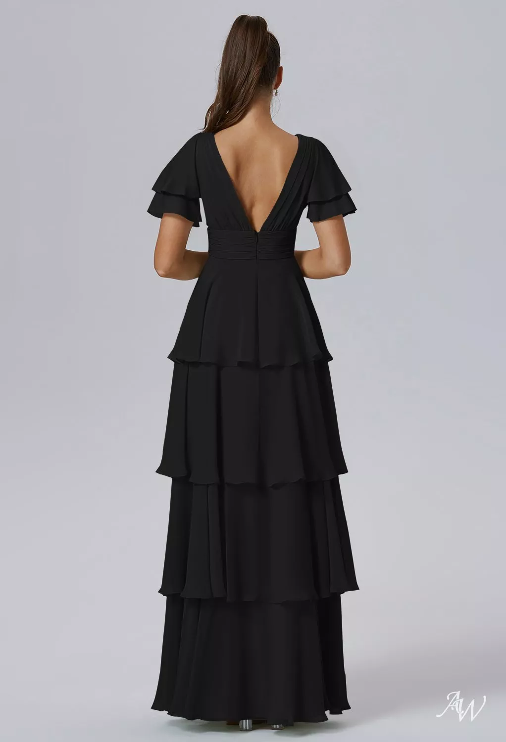 AW.Bridal A-line V-Neck Floor Length Short Sleeves Ruffles Tiered Long Bridesmaid Dresses Dress Black Size 4