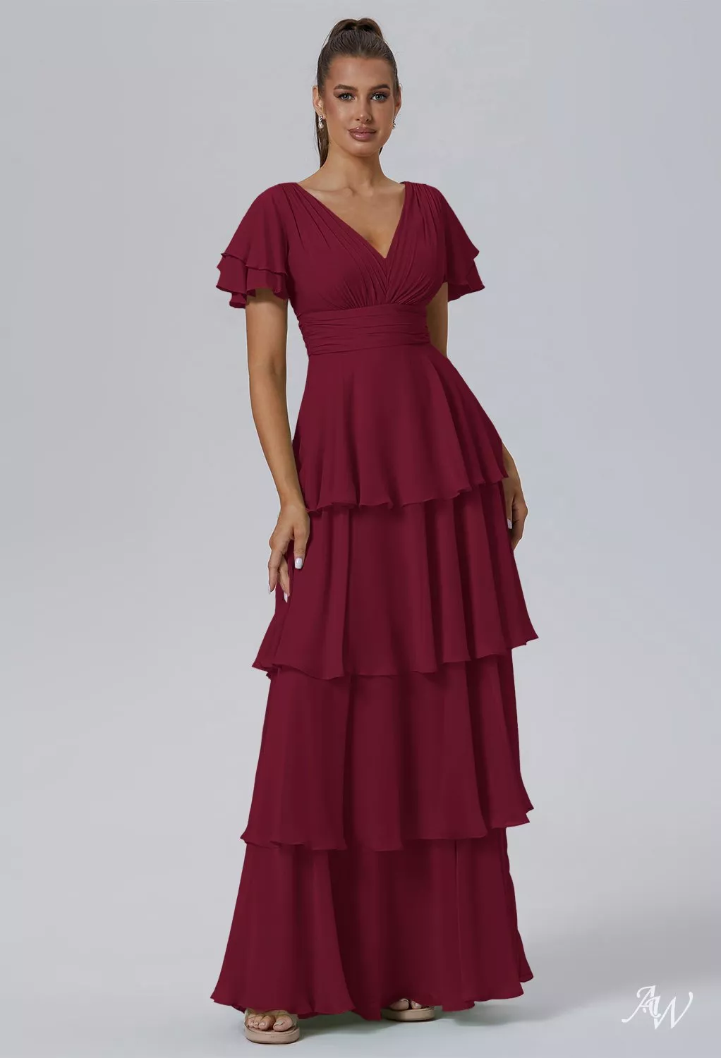 AW.Bridal A-line V-Neck Floor Length Short Sleeves Ruffles Tiered Long Bridesmaid Dresses Dress Burgundy Size 8