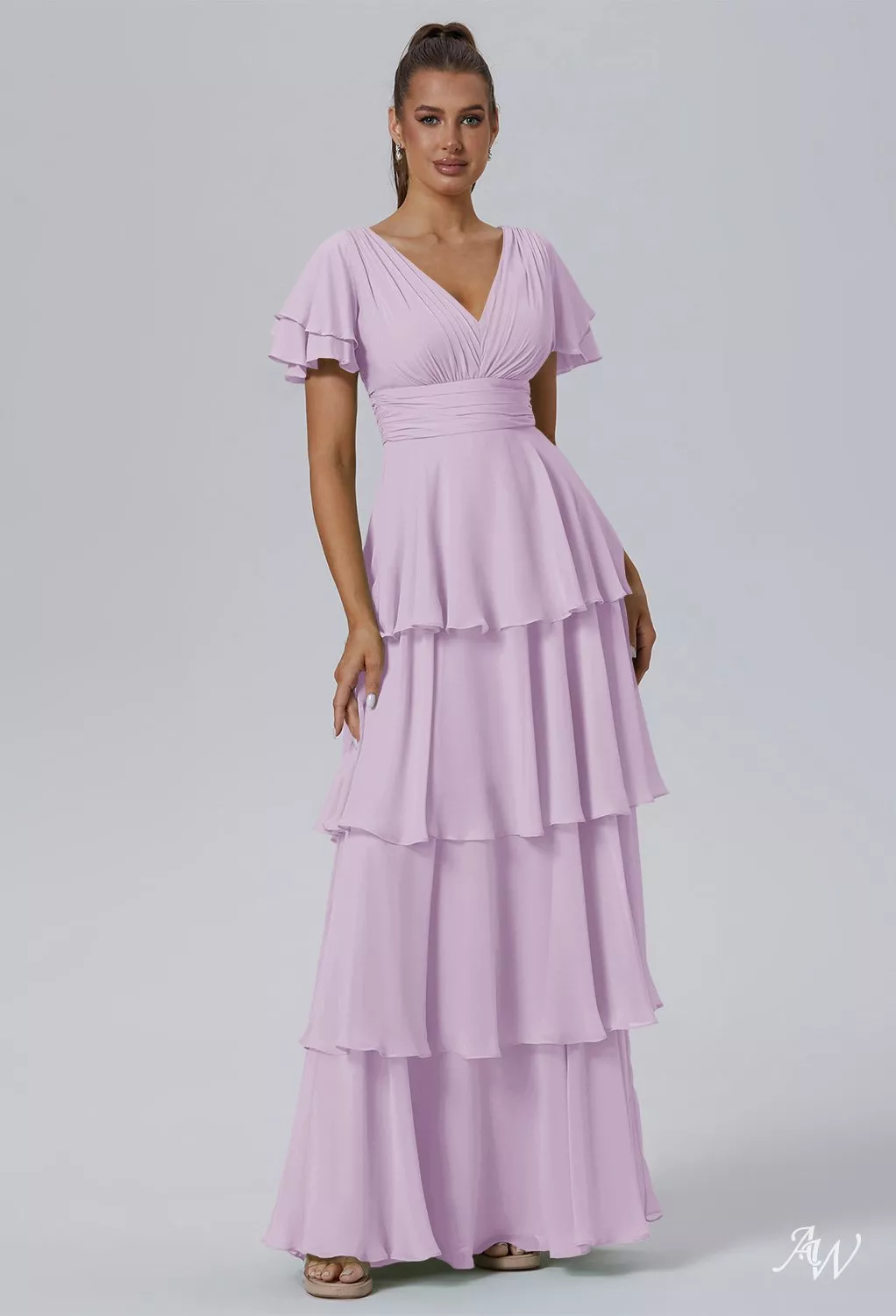 lilac and pink bridesmaid dresses AW.Bridal A-line V-Neck Floor Length Short Sleeves Ruffles Tiered Long Dress Size 6 Wild Fable Women's Game Bridal25 Infinite different styles Color Code:BROW