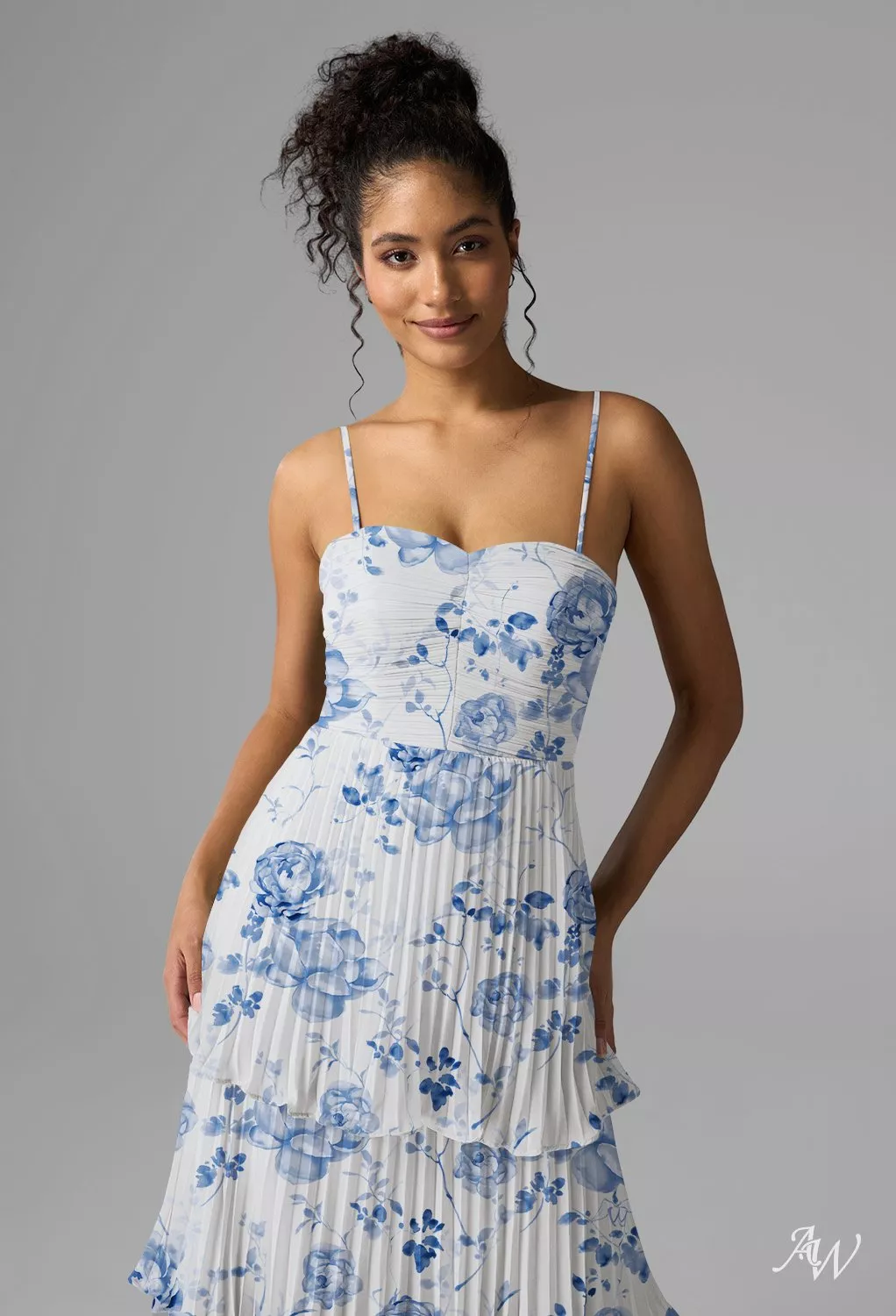 AW.Bridal A-line Sweetheart Neckline Sleeveless Spaghetti Straps Ruffles Tiered Floral Bridesmaid Dresses Floral Dress Blue Botanical Floral Size 6