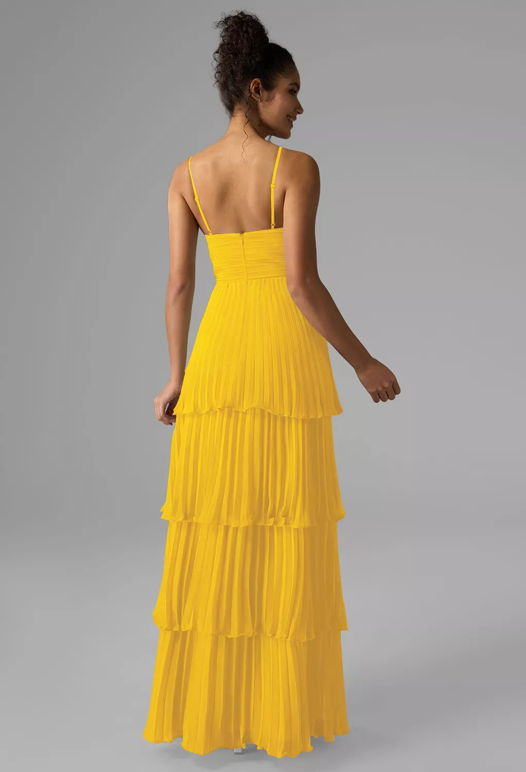 plisse bridesmaid dress Light Yellow A-line V Neck Pleated Chiffon Ruffle Long Bridesmaid Dress Light Yellow / US 14 main image 1