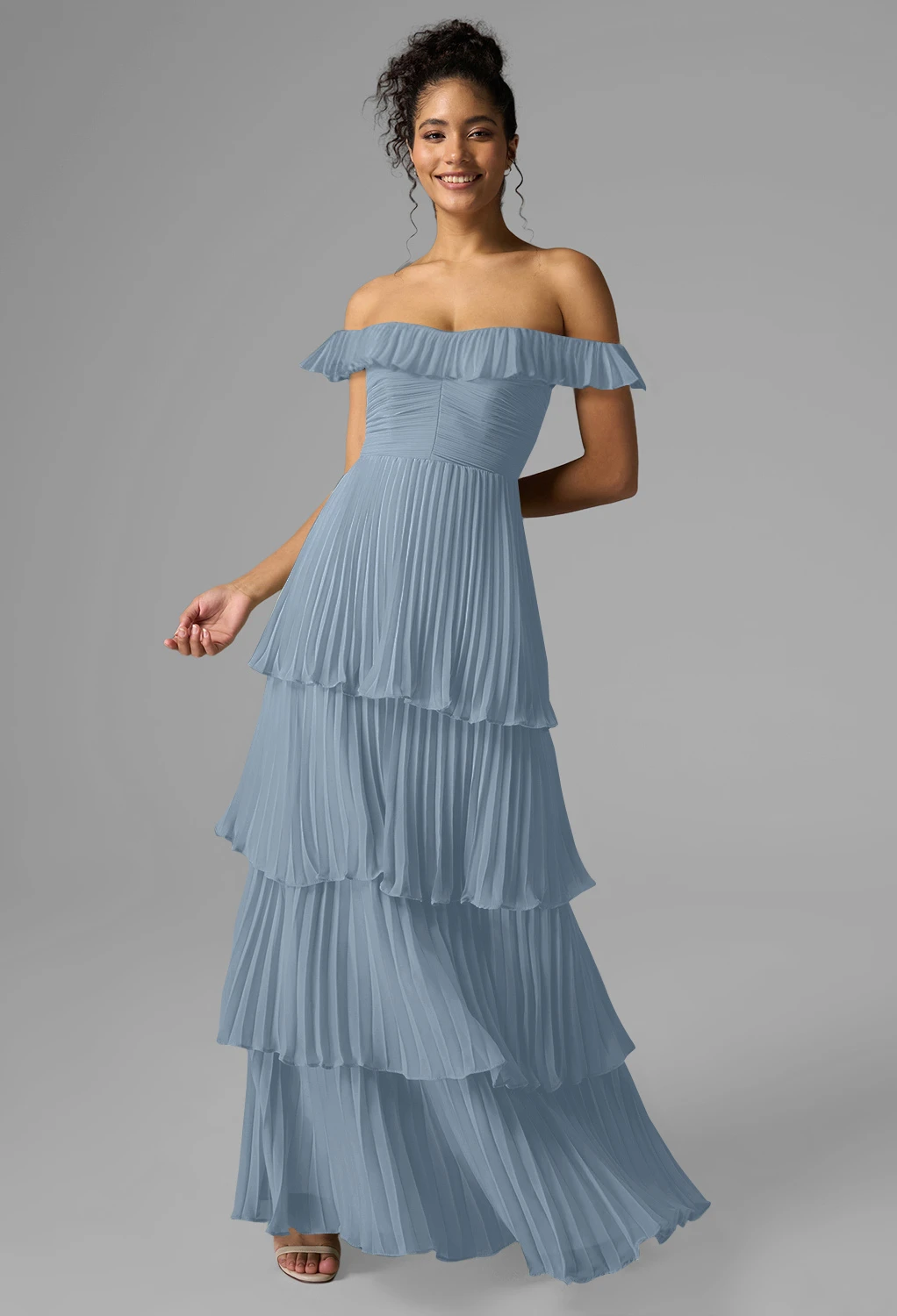 dusty blue bridesmaid dresses amazon Chic A Line Dusty Blue Chiffon Slit Bridesmaid Dress with Flared Sleev –  Anniebride