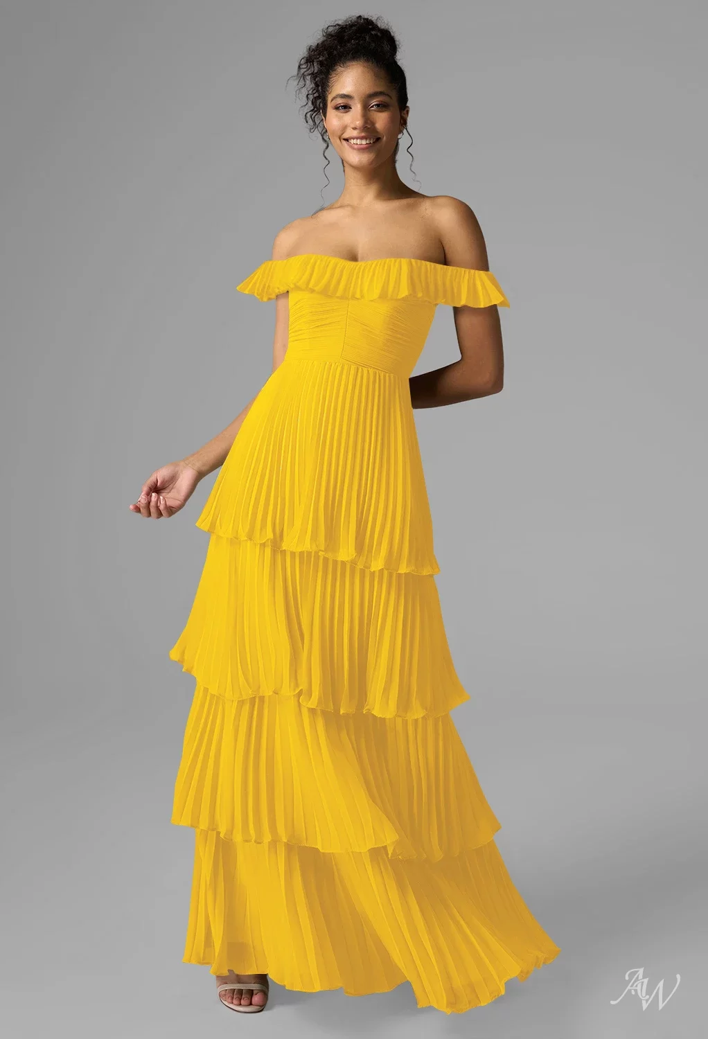 AW.Bridal A-line Sweetheart Neckline Floor Length Off the Shoulder Chiffon Pleat Ruffles Tiered Long Bridesmaid Dresses Mustard Yellow Size 4
