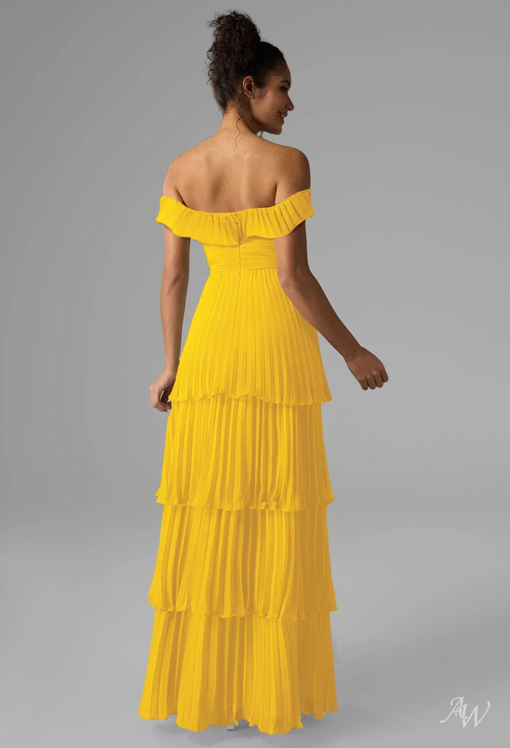 AW.Bridal A-line Sweetheart Neckline Floor Length Off the Shoulder Chiffon Pleat Ruffles Tiered Long Bridesmaid Dresses Mustard Yellow Size 4
