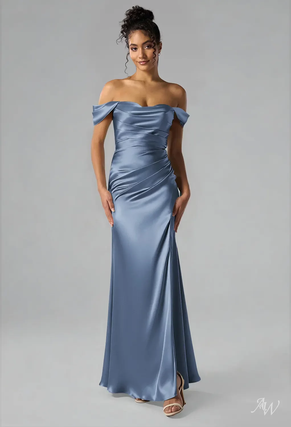 off the shoulder dusty blue bridesmaid dresses AW.Bridal Crystal Satin Mermaid Sweetheart Neckline Floor Length Ruching Split Dress Size 16 Shoe Size:9.5 US hot stones Beachside Crochet Knit Long Line silhouette and side