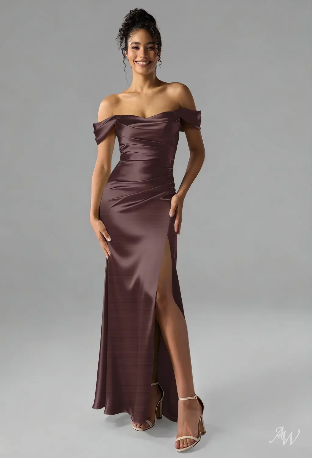 tan bridesmaid dresses long AW.Bridal Stretch Satin Mermaid Sweetheart Neckline Floor Length Off the Shoulder Ruching Split Dress Size 6 Size:44x30 A subtle thigh long maxi backless dress Rebecca Taylor Black Formal