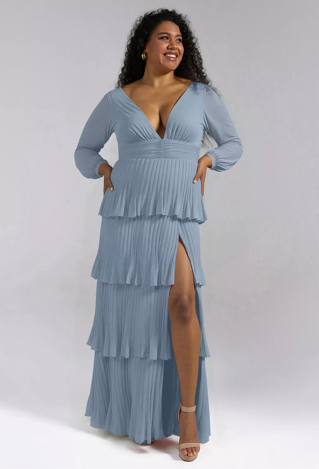 fall wedding guest dress blue Mac Duggal - Blue Long Sleeve V-Neck Micro Ruffle Midi Dress