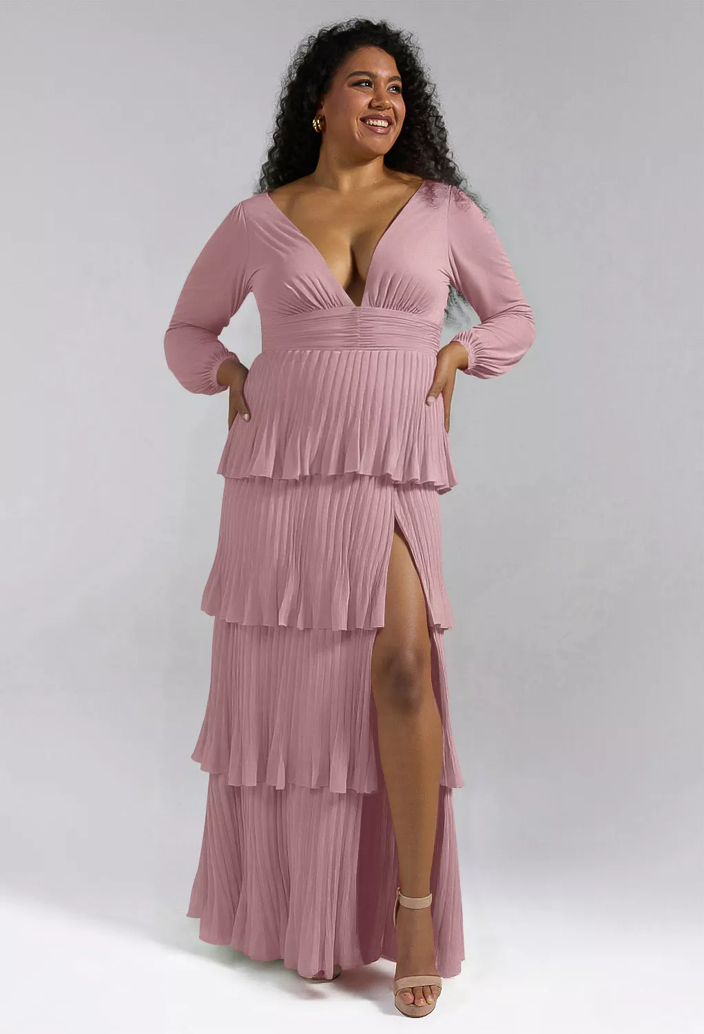mauve fall wedding guest dress WEDTREND Women Elegant Vintage Mauve Bridesmaid Dress A-Line V-Nevk Long  Sleeves Wedding Guest Dress main image 0