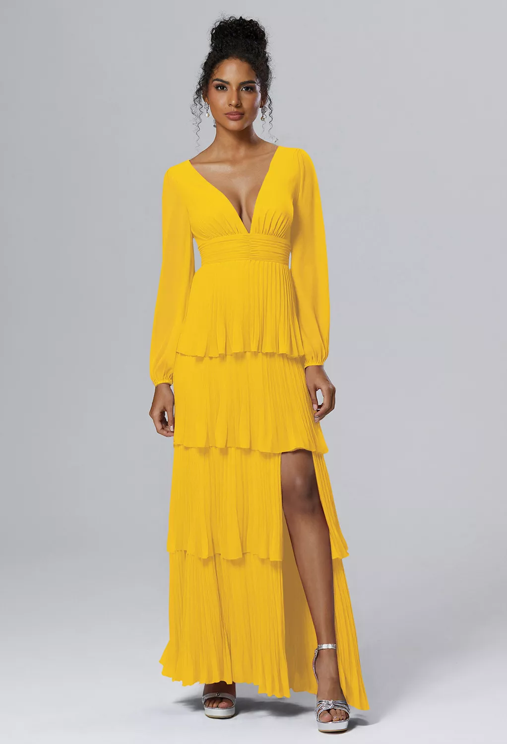 green emerald velvet dress Gold V-Neck Layers A-Line Wedding Guest Dress, Gold / M main image 0