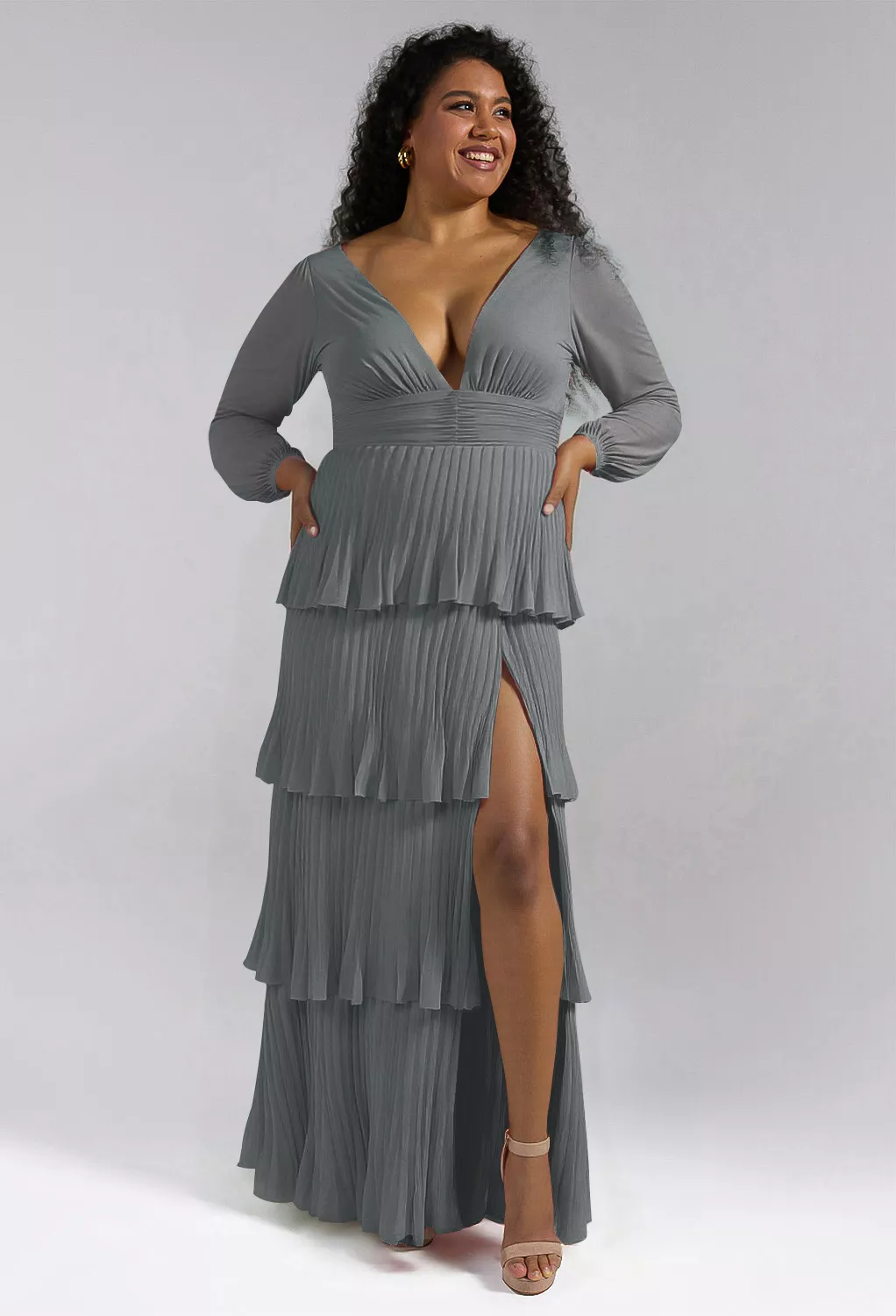 long grey dress for wedding guest Berylove Women Silver Grey Wedding Party Guest Dress with Slit A Line Floral Embroidery Maxi Dress, Silver Grey / S