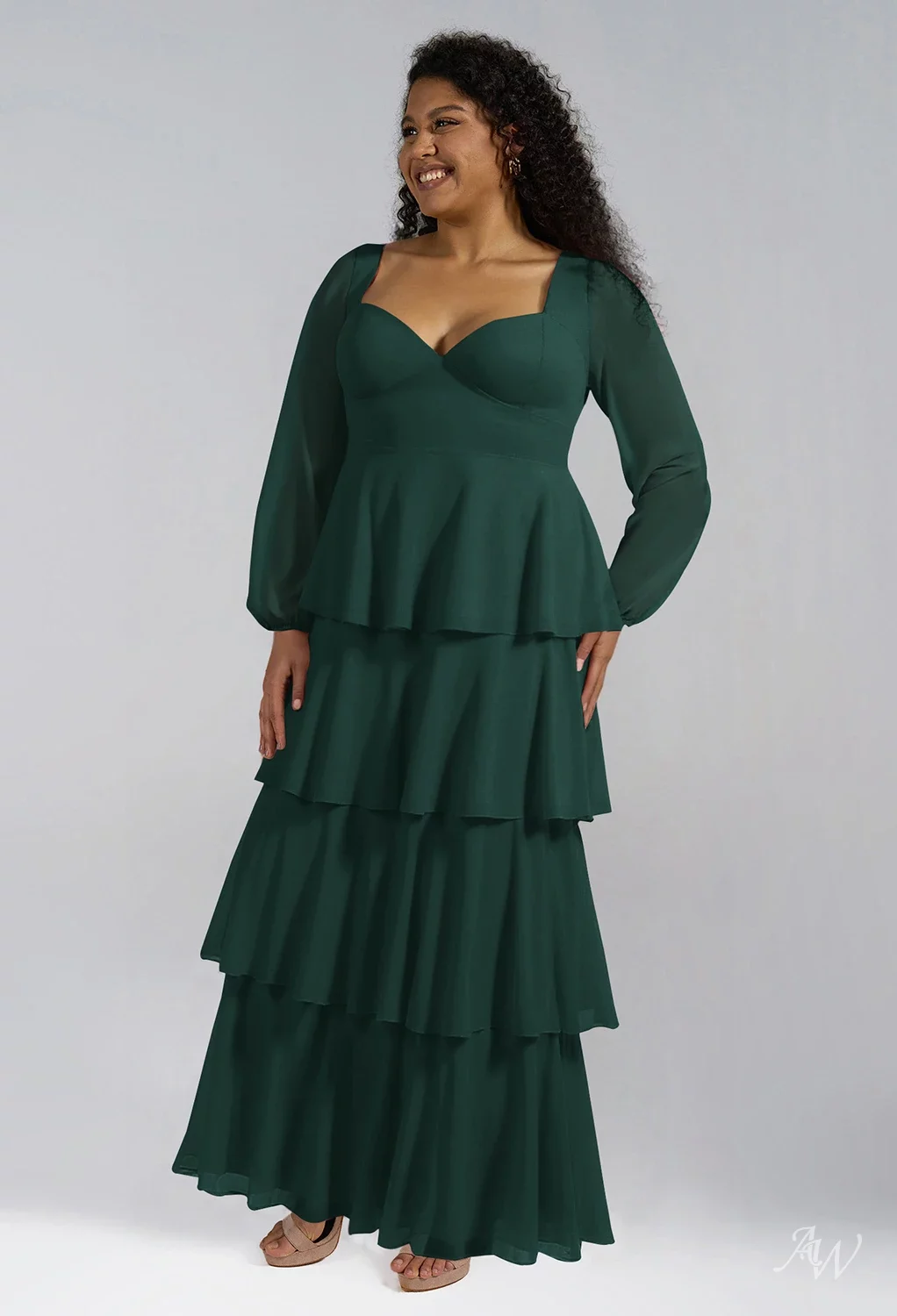 AW.Bridal A-line Sweetheart Neckline Floor Length Long Sleeves Pleat Ruffles Tiered Long Bridesmaid Dresses Dress Dark Emerald Plus Size 16