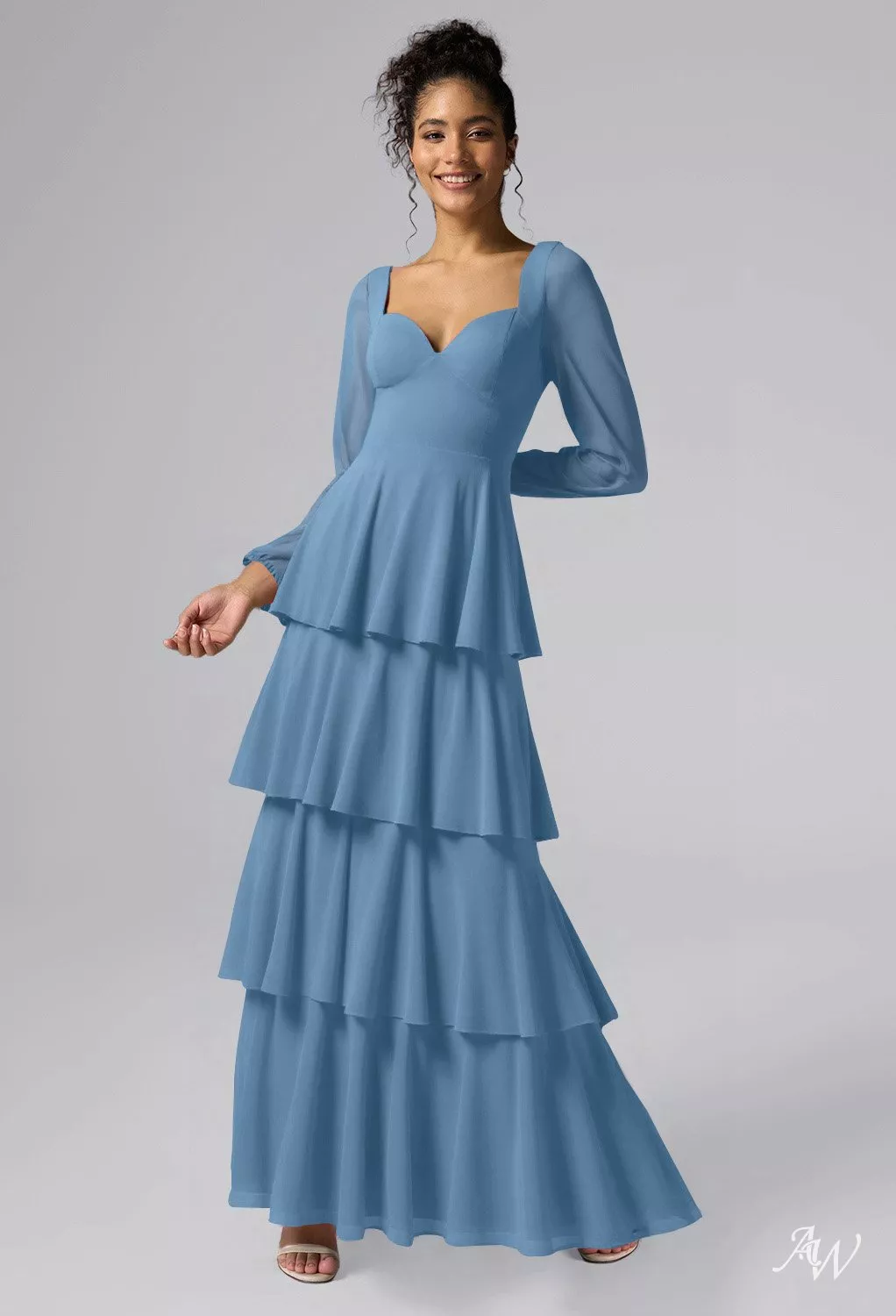AW.Bridal A-line Sweetheart Neckline Floor Length Long Sleeves Pleat Ruffles Tiered Long Bridesmaid Dresses Dress Dusty Blue Size 4