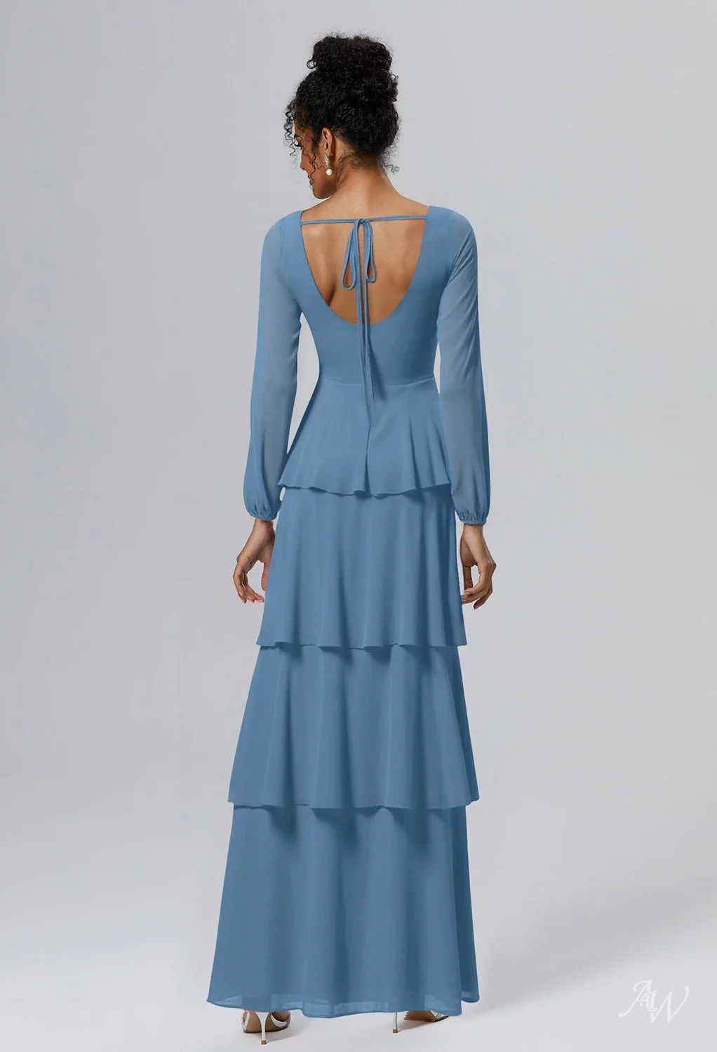 AW.Bridal A-line Sweetheart Neckline Floor Length Long Sleeves Pleat Ruffles Tiered Long Bridesmaid Dresses Dress Dusty Blue Size 4
