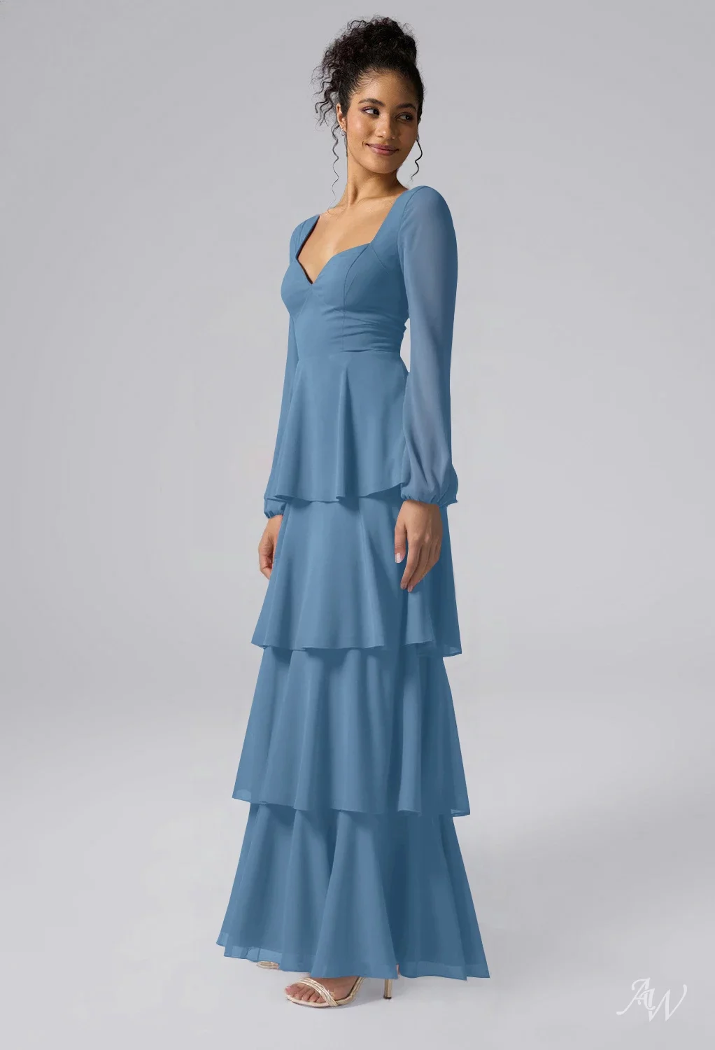 AW.Bridal A-line Sweetheart Neckline Floor Length Long Sleeves Pleat Ruffles Tiered Long Bridesmaid Dresses Dress Dusty Blue Size 4