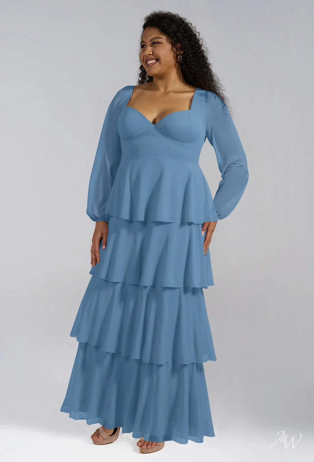 AW.Bridal A-line Sweetheart Neckline Floor Length Long Sleeves Pleat Ruffles Tiered Long Bridesmaid Dresses Dress Dusty Blue Size 4