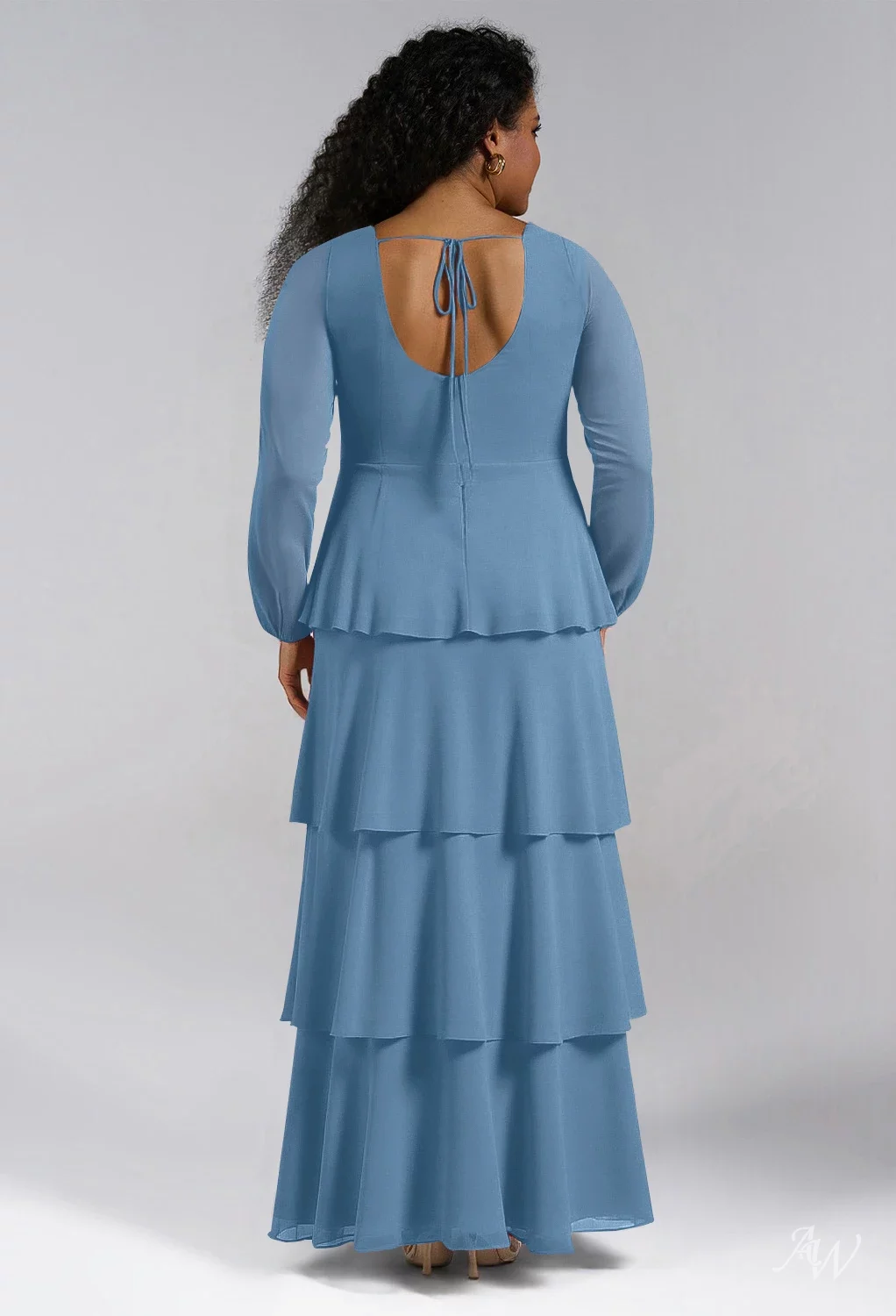 AW.Bridal A-line Sweetheart Neckline Floor Length Long Sleeves Pleat Ruffles Tiered Long Bridesmaid Dresses Dress Dusty Blue Size 4