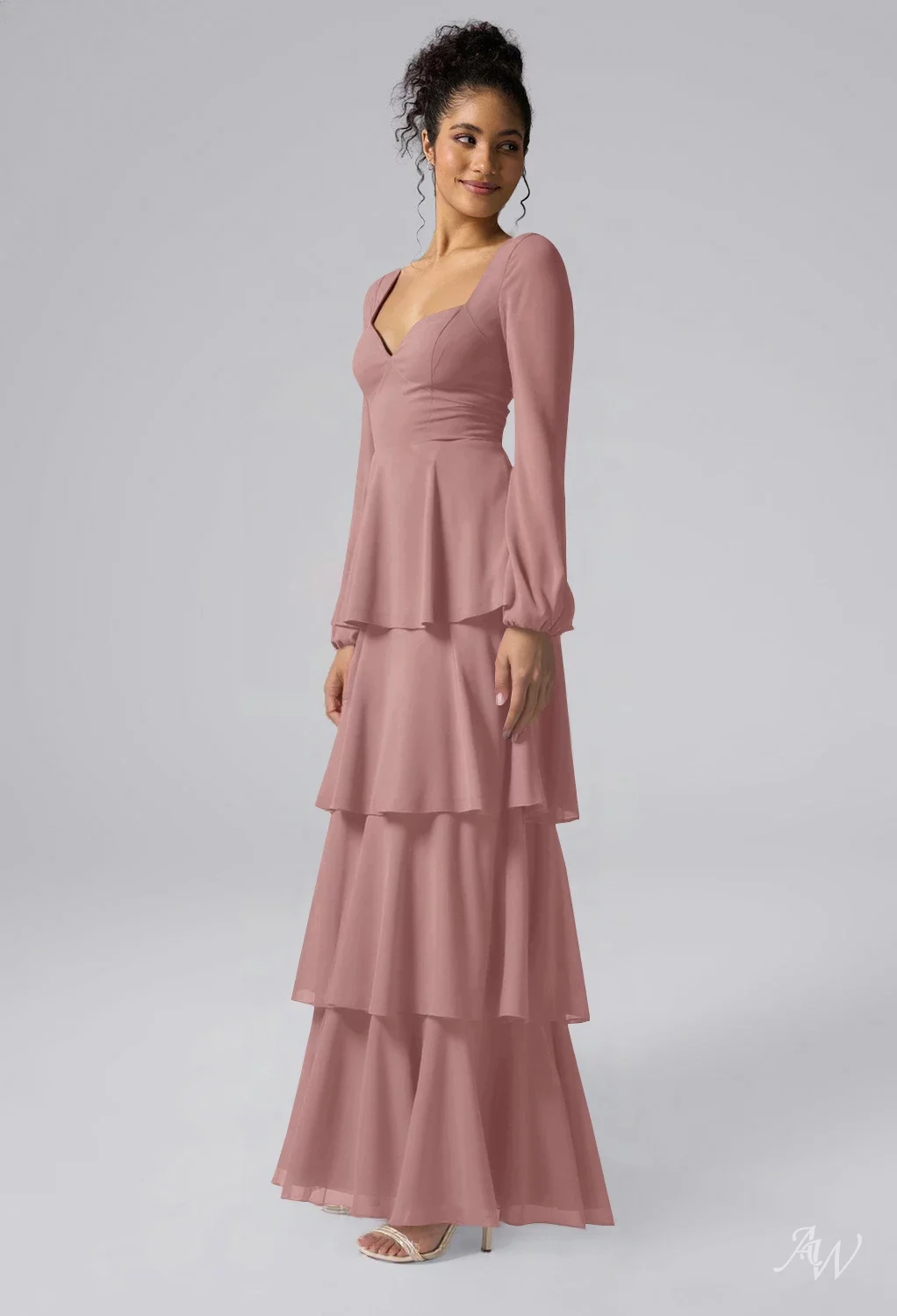 Lulus Floral Dress A-Line Sweetheart Neckline Floor Length Long Sleeves  Chiffon Pleat Ruffles Tiered Long