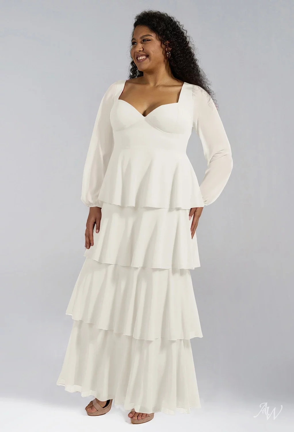 AW.Bridal A-line Sweetheart Neckline Floor Length Long Sleeves Pleat Ruffles Tiered Long Bridesmaid Dresses Dress Ivory Size 8