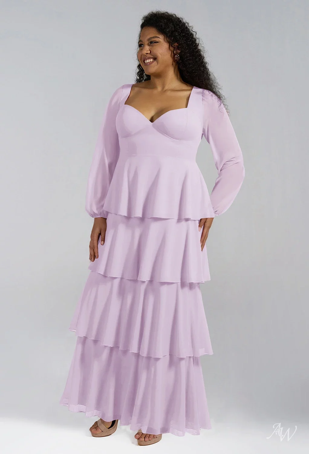 AW.Bridal A-line Sweetheart Neckline Floor Length Long Sleeves Pleat Ruffles Tiered Long Bridesmaid Dresses Dress Lilac Plus Size 18