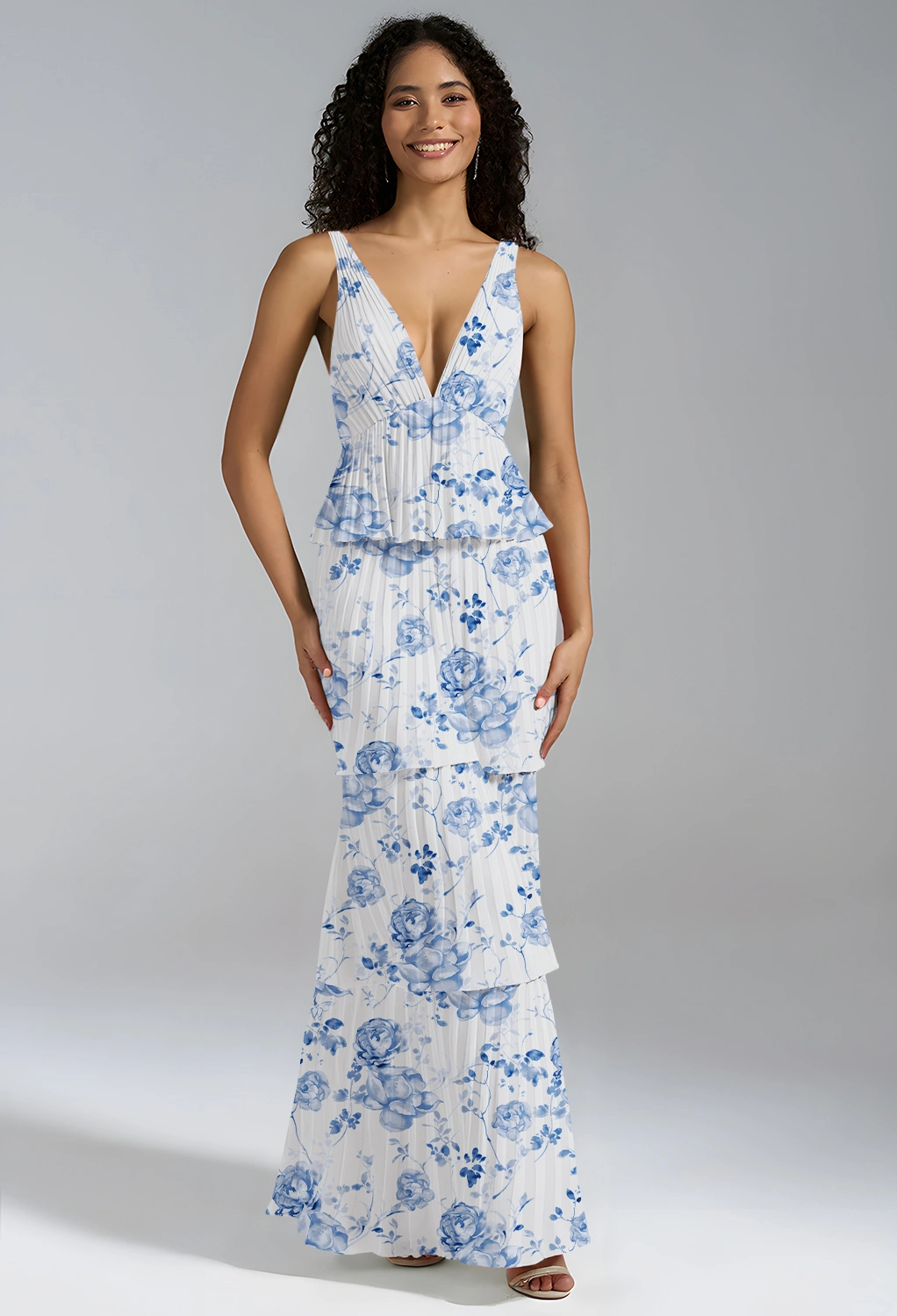 zara blue long dress Saylor Satin Pleated Floral Print Dress main image 1