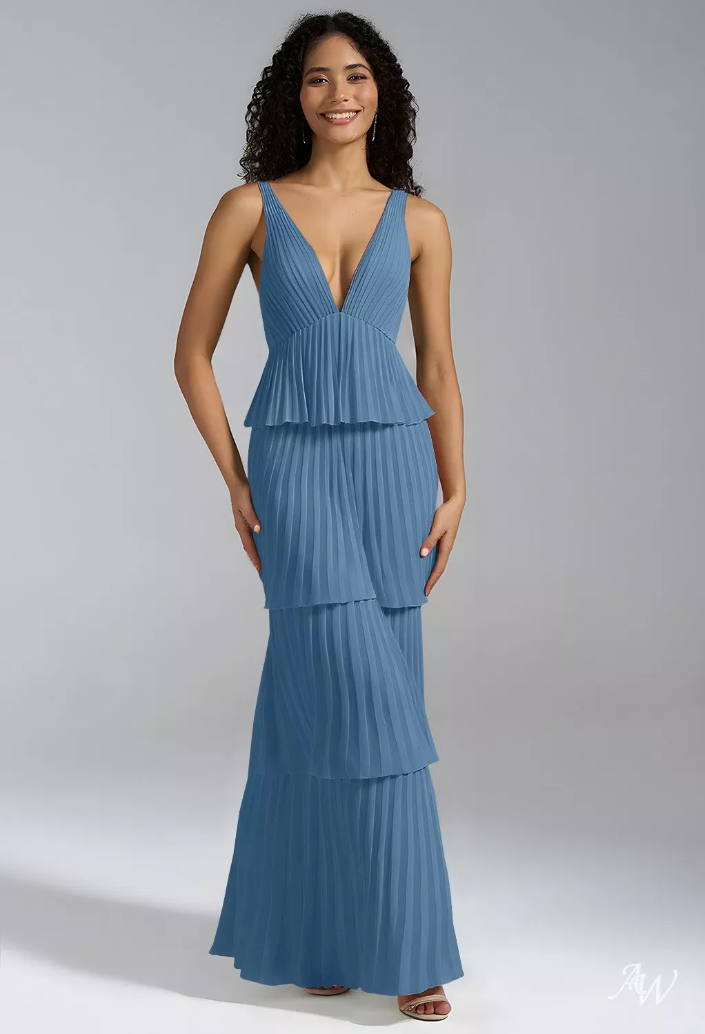 bridesmaids dresses dusty blue Dusty Blue Flutter Sleeves A-line Multi-Layers Long Bridesmaid Dress with Slit Dusty Blue / US 14