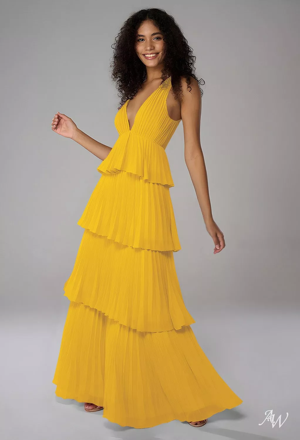 AW.Bridal A-line V-Neck Floor Length Sleeveless Chiffon Pleat Ruffles Tiered Long Bridesmaid Dresses Mustard Yellow Size 8