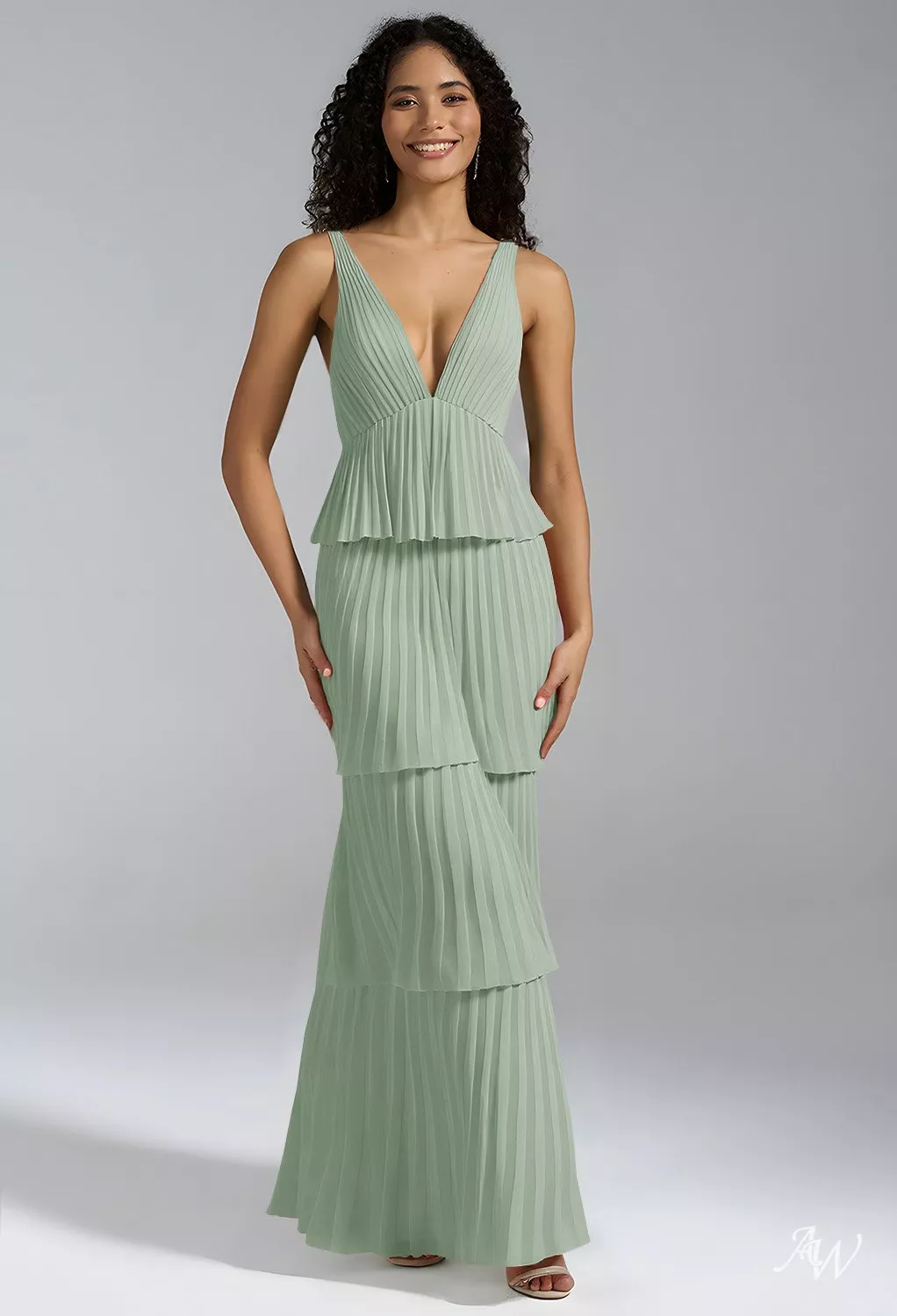 AW.Bridal A-line V-Neck Floor Length Sleeveless Pleat Ruffles Tiered Wedding Guest Dresses Dress Sage Green Size 4
