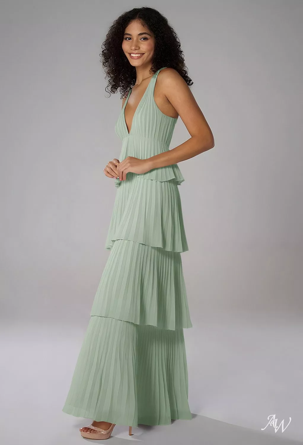 AW.Bridal A-line V-Neck Floor Length Sleeveless Pleat Ruffles Tiered Wedding Guest Dresses Dress Sage Green Size 4