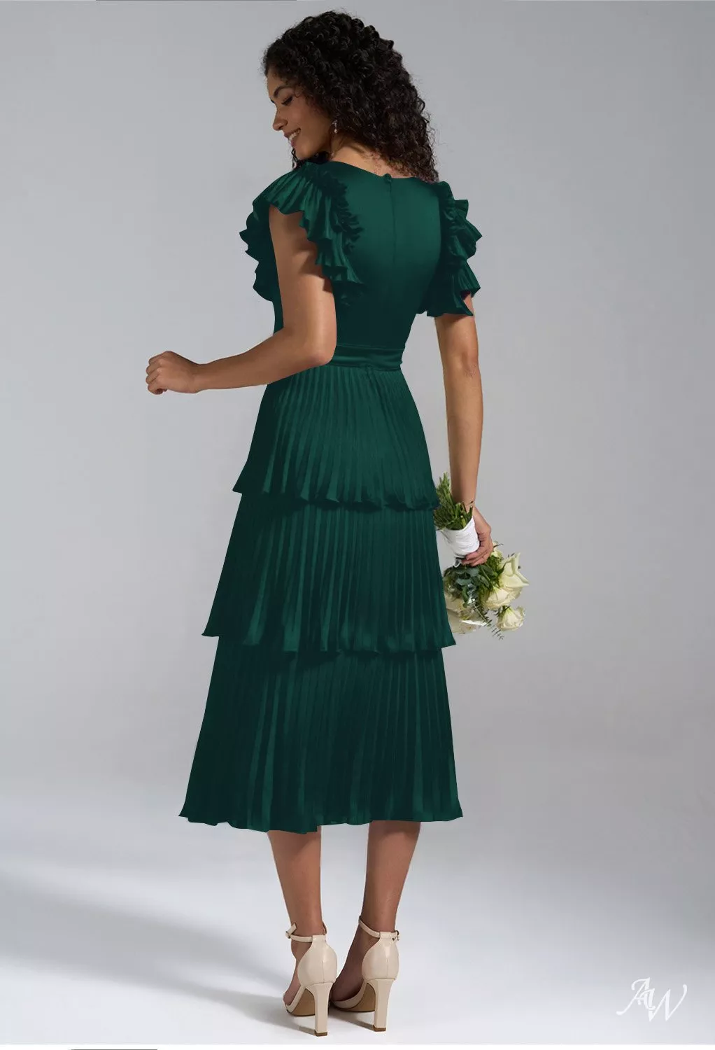 AW.Bridal A-Line V-Neck Tea Length Sleeveless Satin Pleat Ruffles Tiered Wedding Guest Dresses Hunter Green Size 16 AW Leena Hunter Green Wedding Guest Dresses | AW.Bridal