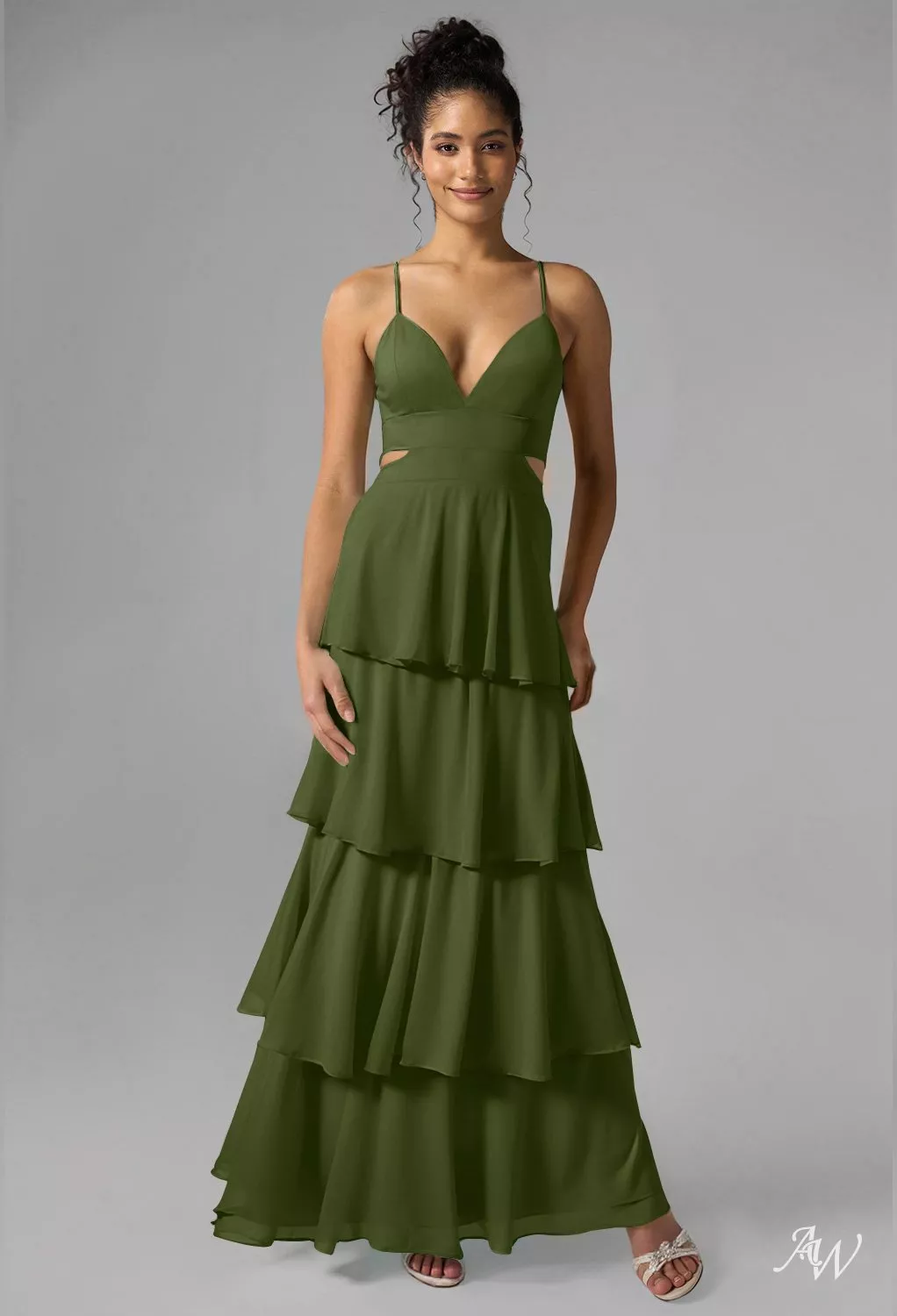AW.Bridal A-Line V-Neck Floor Length Sleeveless Spaghetti Straps Pleat Ruffles Tiered Long Bridesmaid Dresses Dress Green Olive Size 16