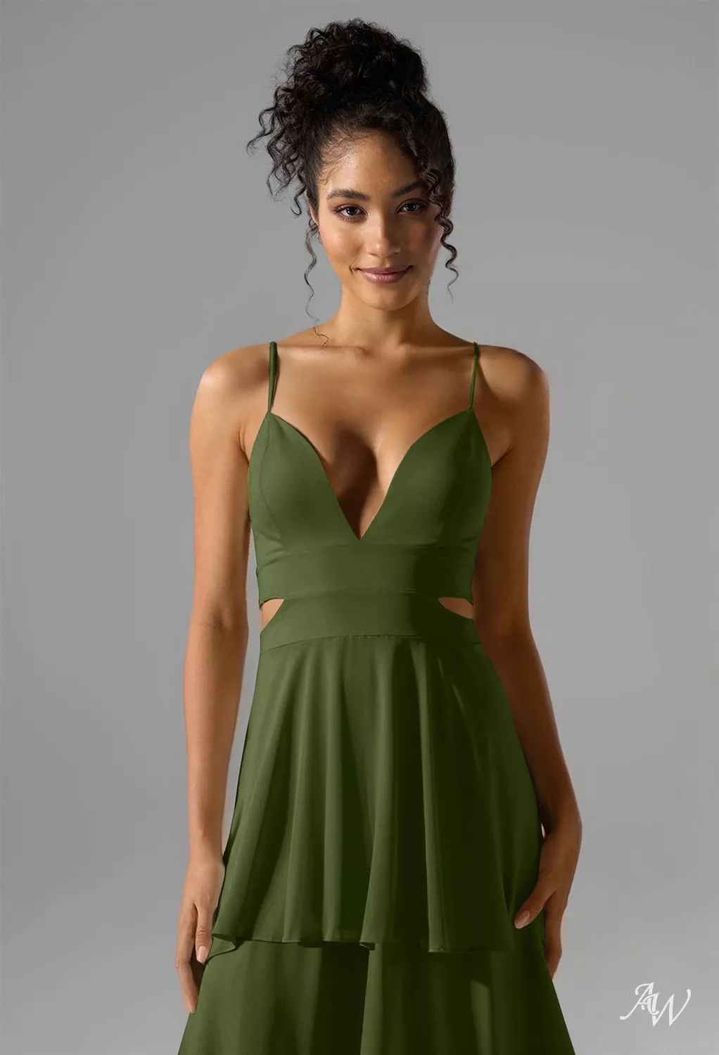 AW.Bridal A-line V-Neck Floor Length Sleeveless Spaghetti Straps Pleat Ruffles Tiered Long Bridesmaid Dresses Dress Green Olive Size 16